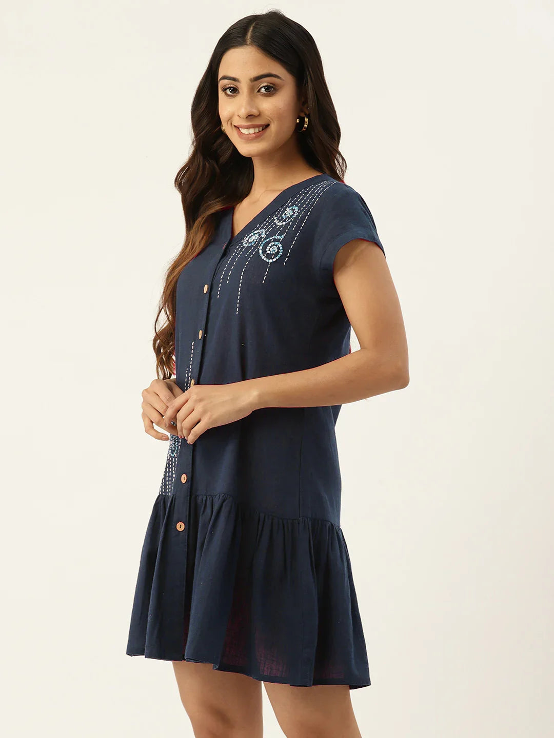 Floral Embroidered Cap Sleeves Tiered Ethnic Dress - SanskrutiHomes