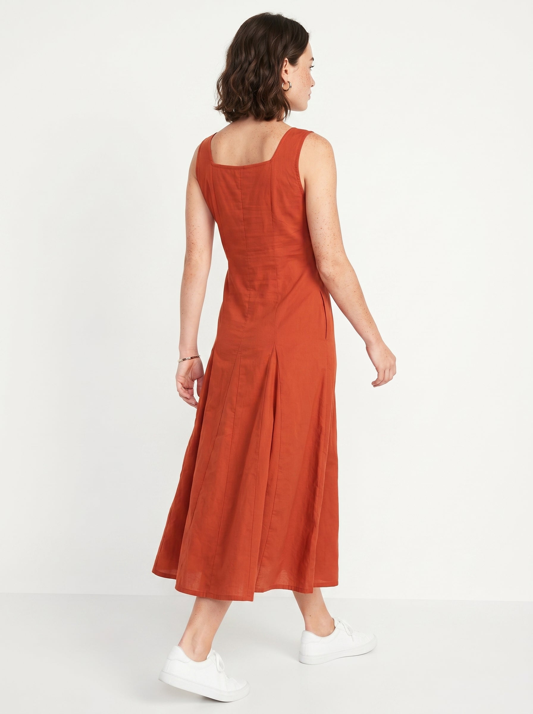 Rust Square Neck Printed Maxi Flared Cotton Dress For Women