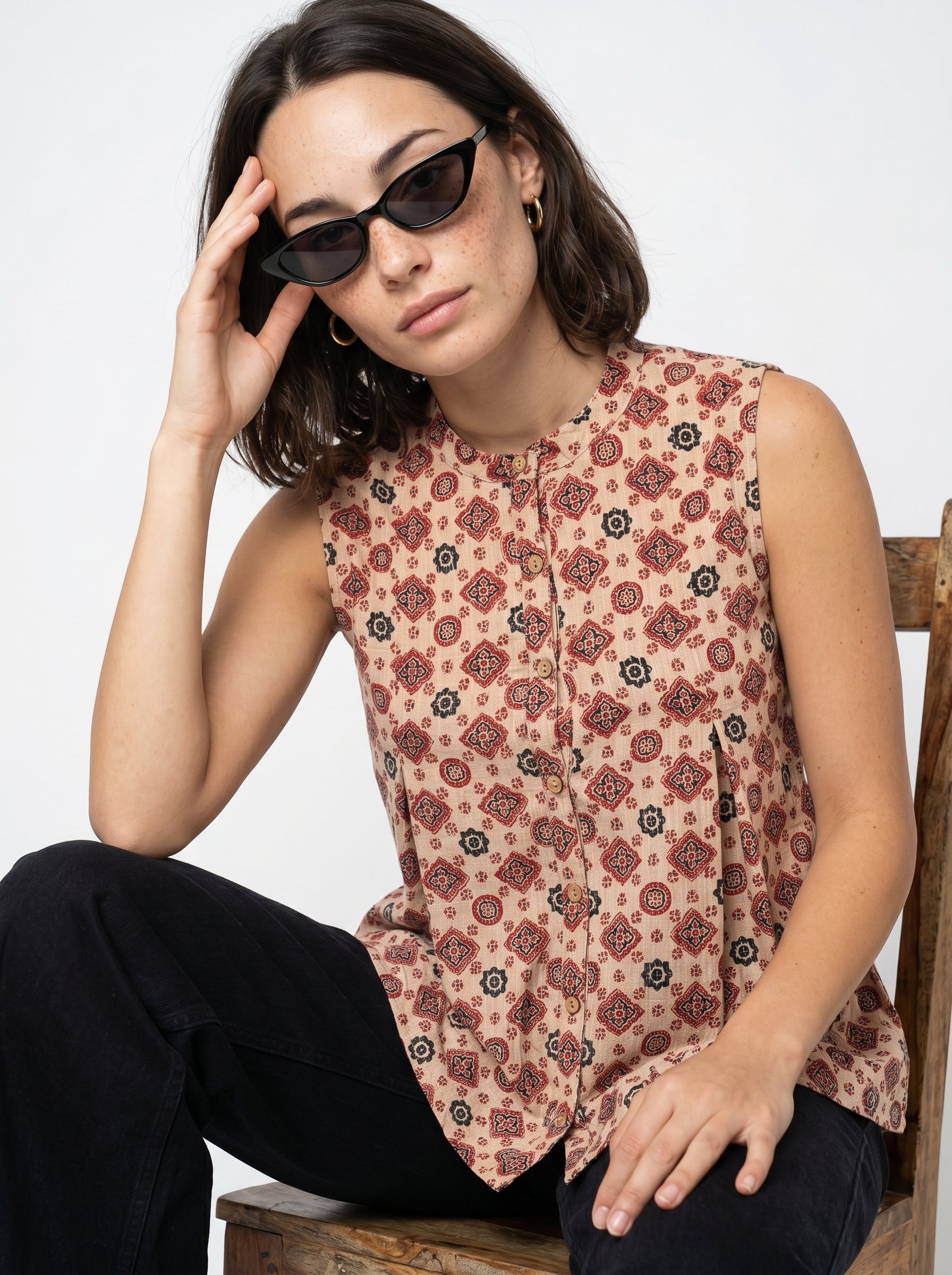 Brown Round Neck Cotton Floral Top for Women