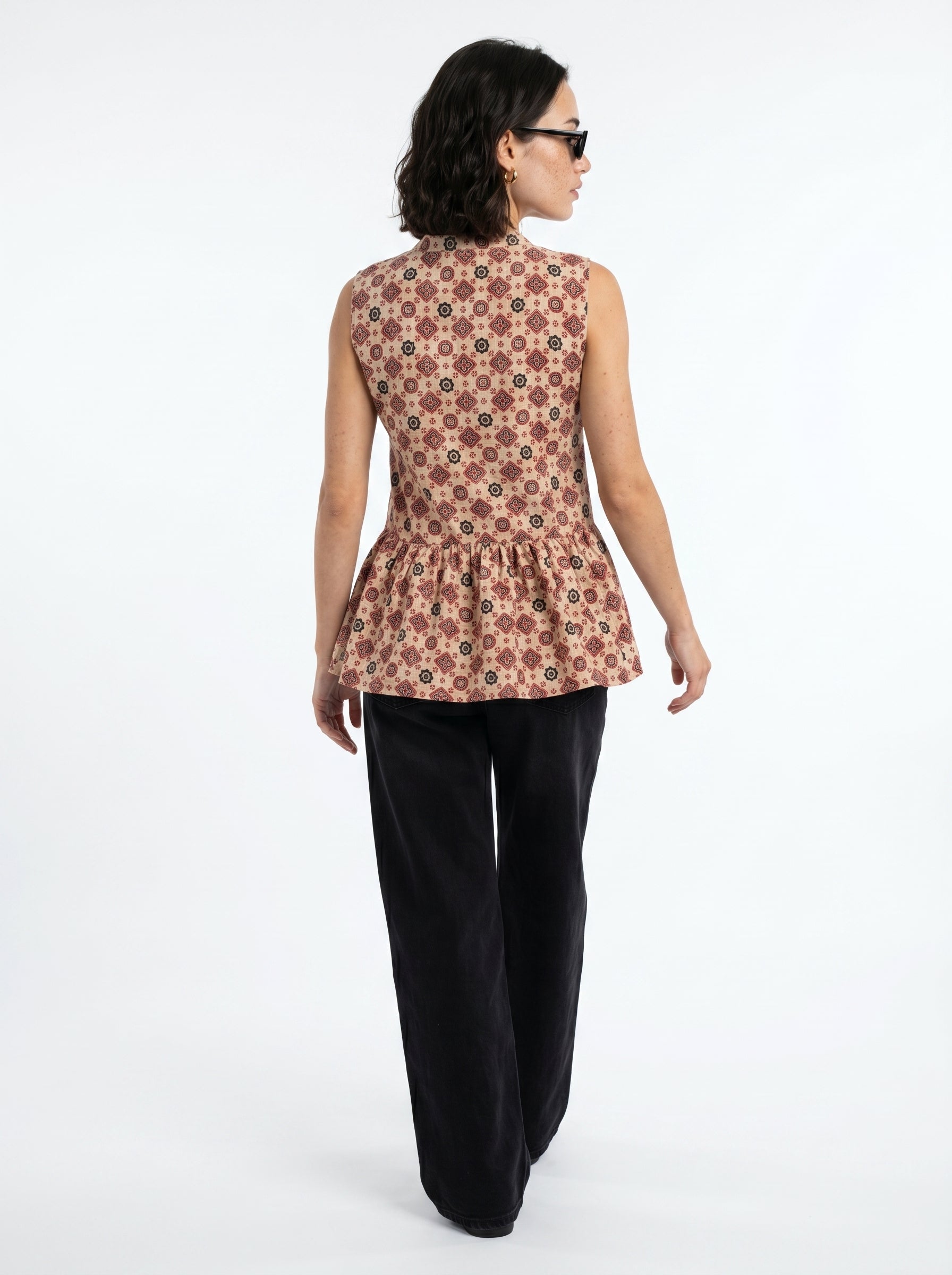Brown Round Neck Cotton Floral Top for Women