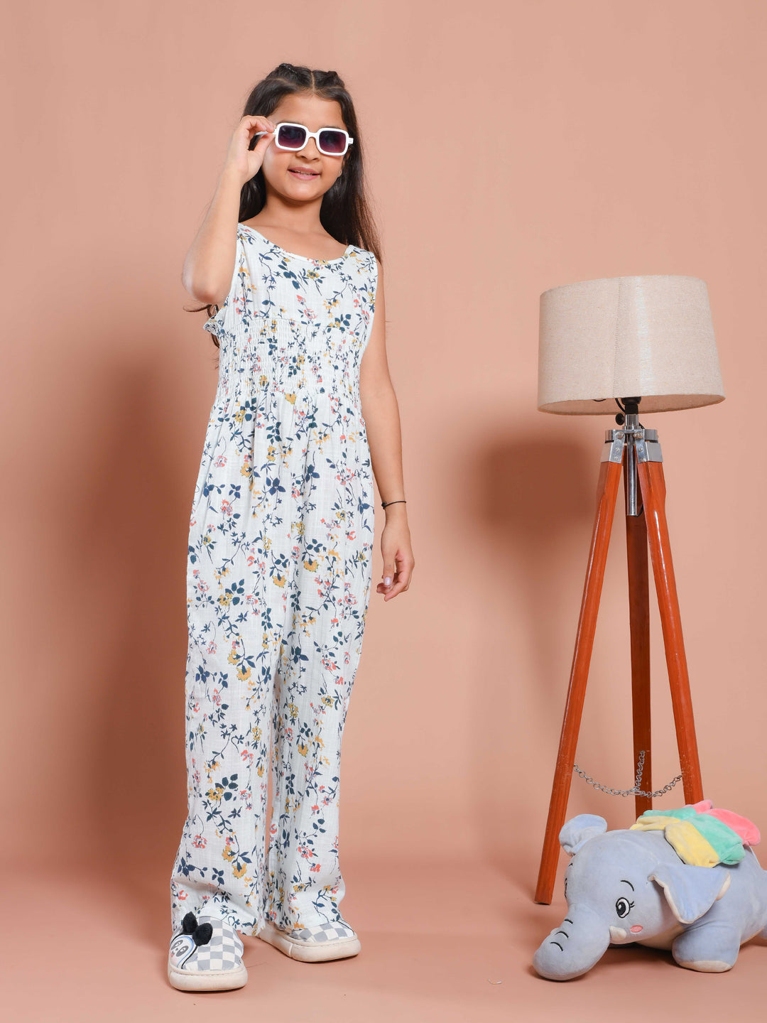White Floral Printed Round Neck Jump Suit