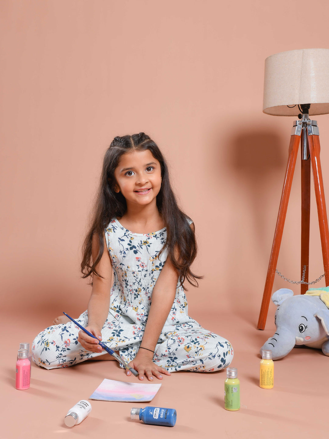 White Floral Printed Round Neck Jump Suit