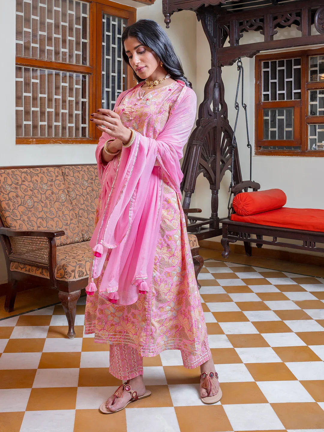 Pink Cotton Kurta for Women - SanskrutiHomes
