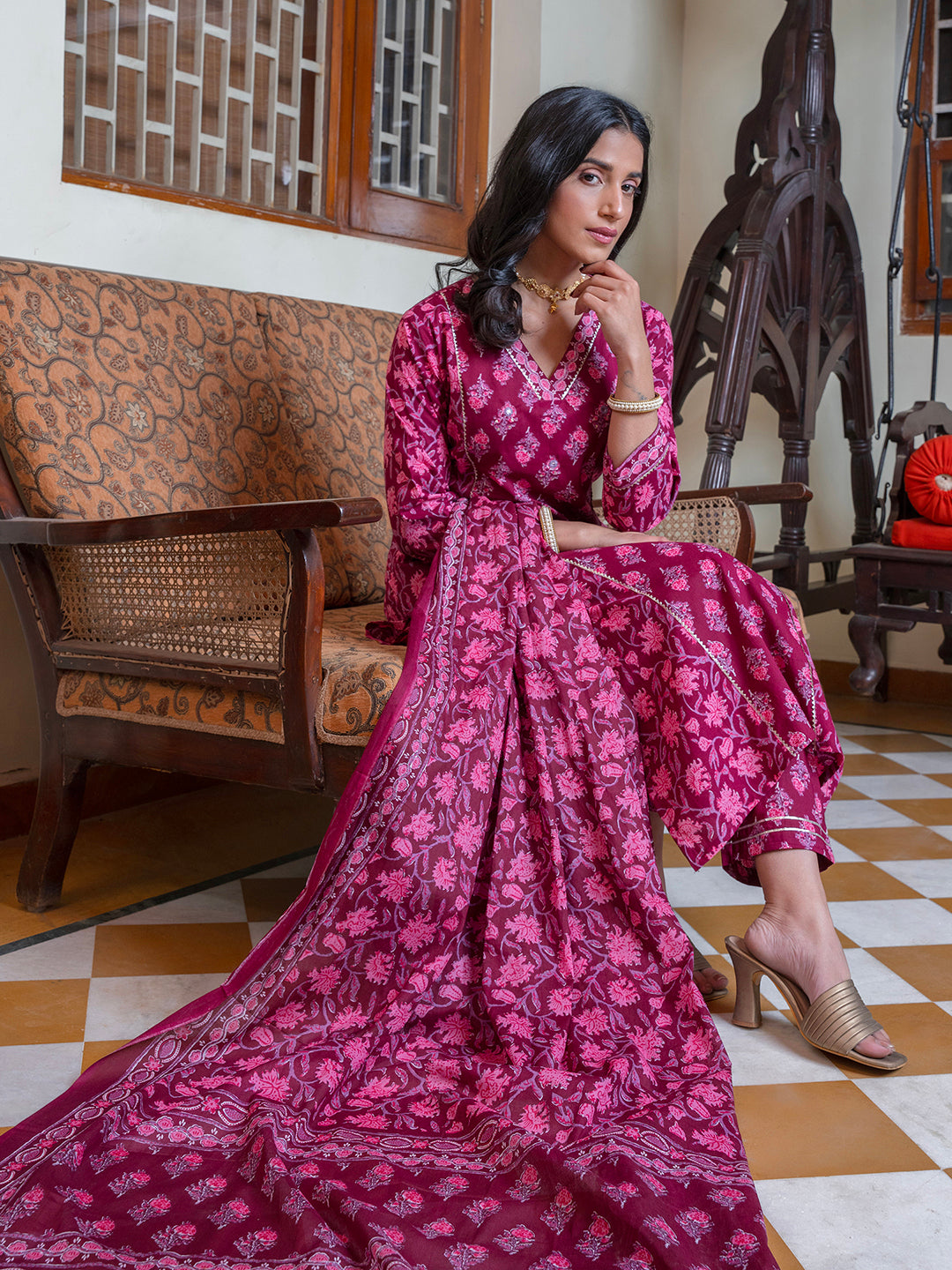 Women set of Pure Cotton 3 pcs Maroon Colour Straight Printed Kurta Sets