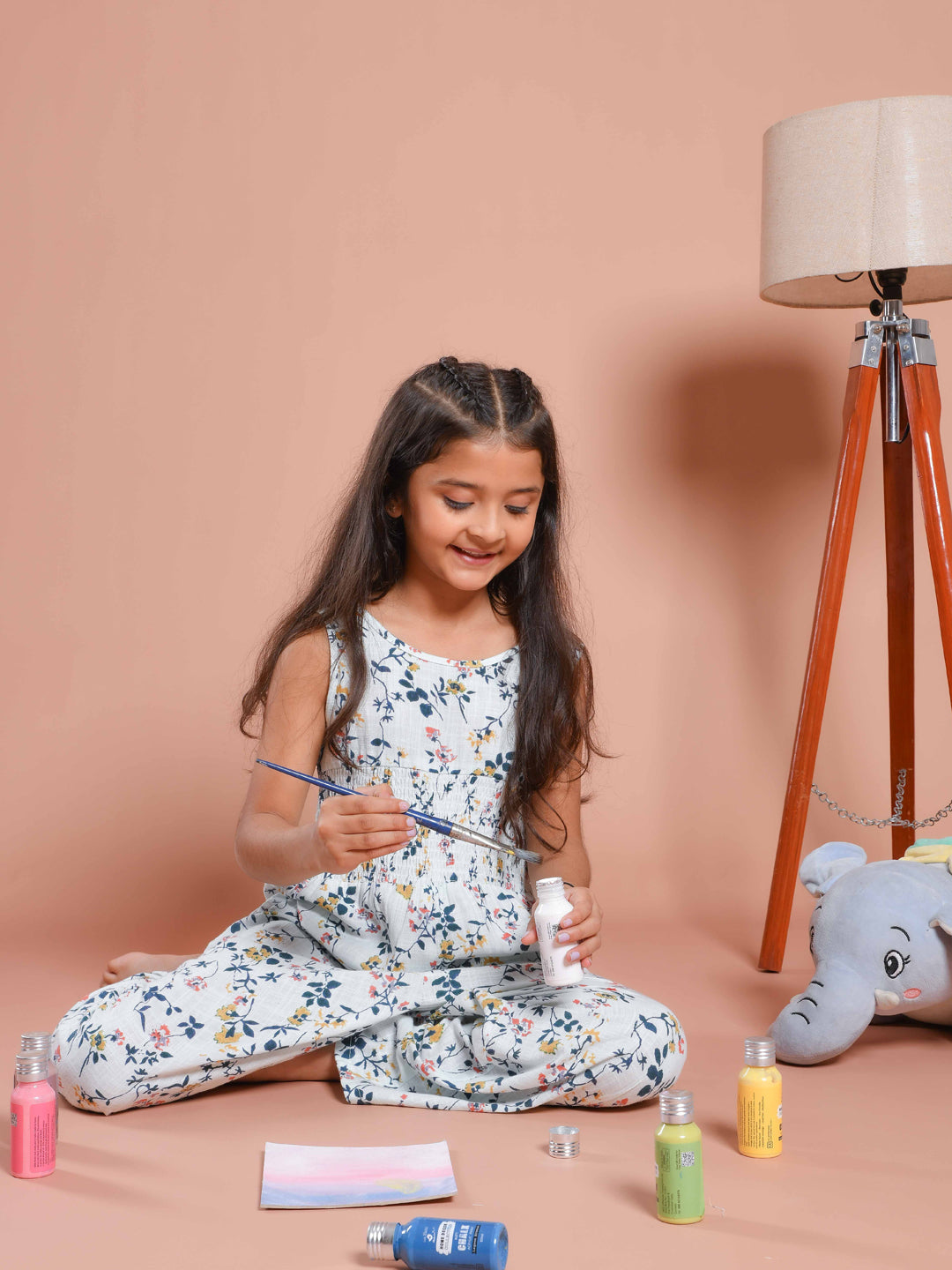 White Floral Printed Round Neck Jump Suit