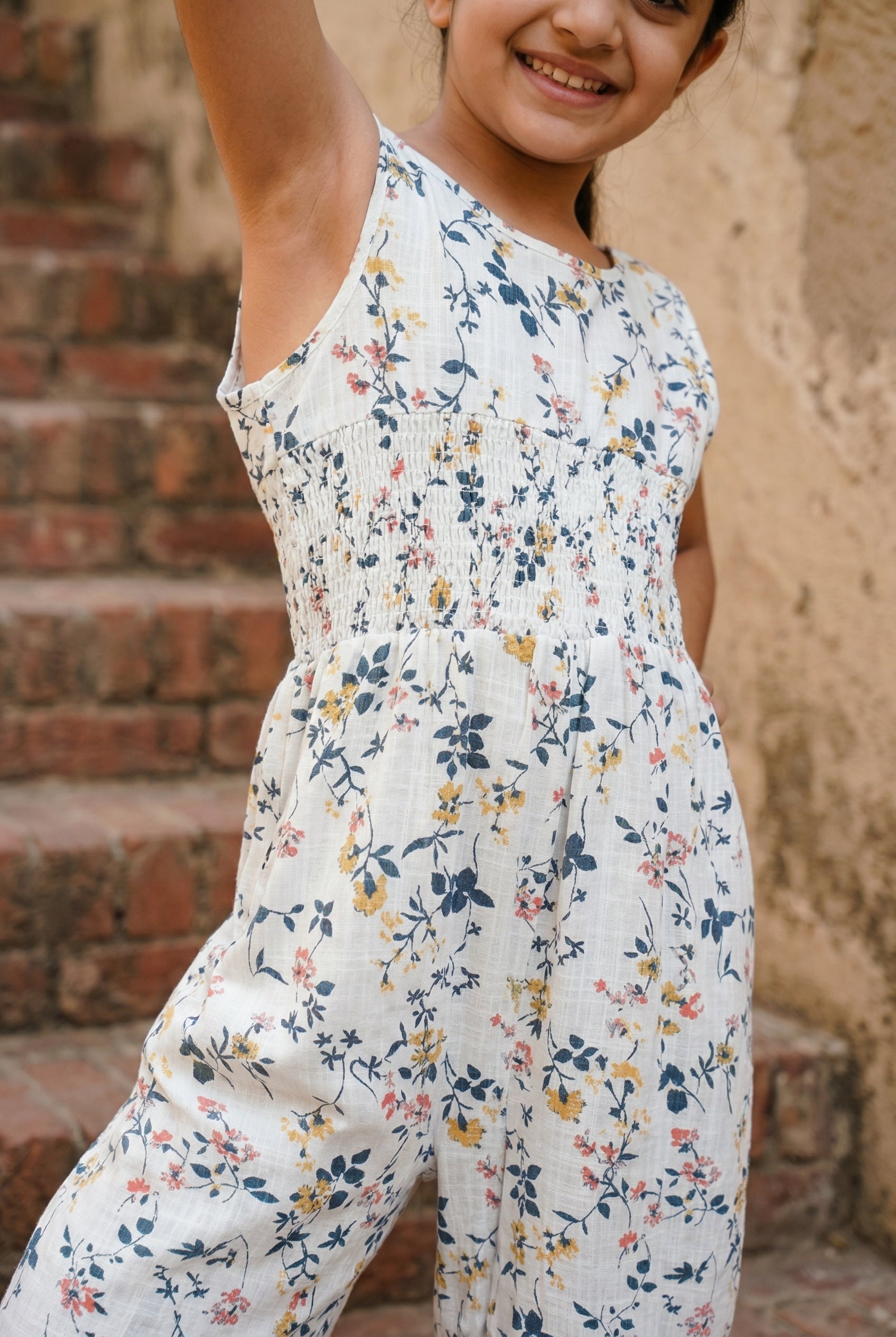 White Round Neck Floral Print Cotton Jumpsuit For Kids