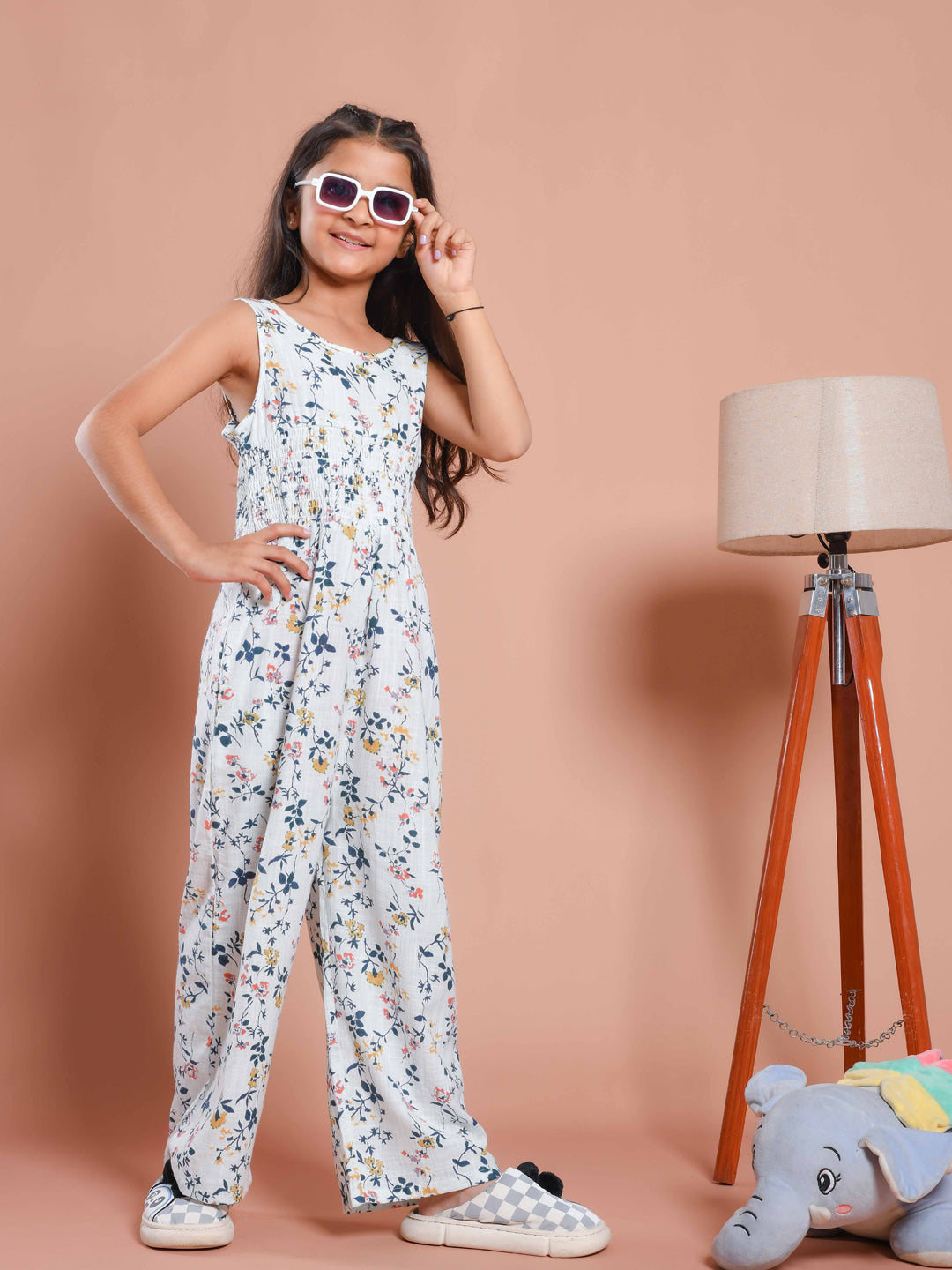 White Floral Printed Round Neck Jump Suit