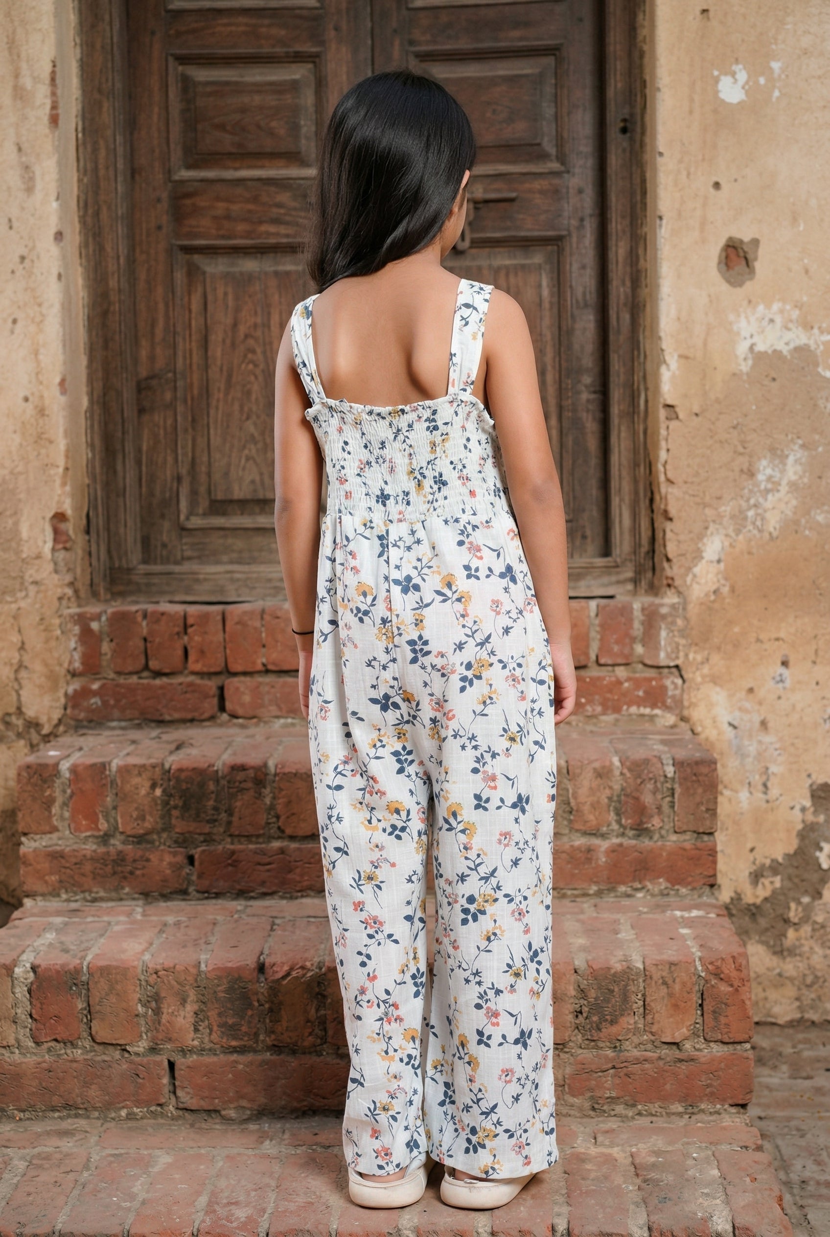 White Round Neck Floral Print Cotton Jumpsuit For Kids