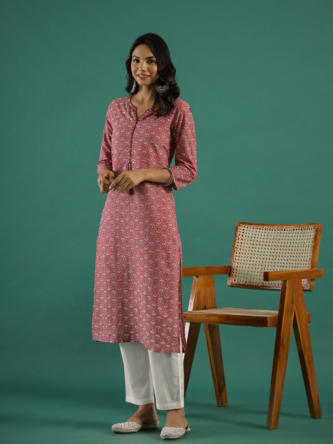 Pink & White Printed Kurti Set