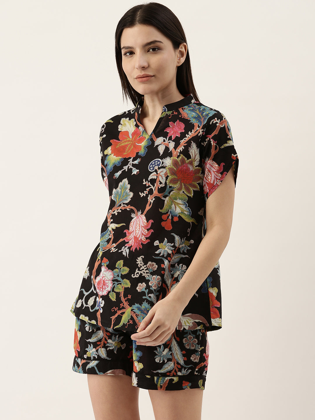 Black Cotton Printed Night Suit Set