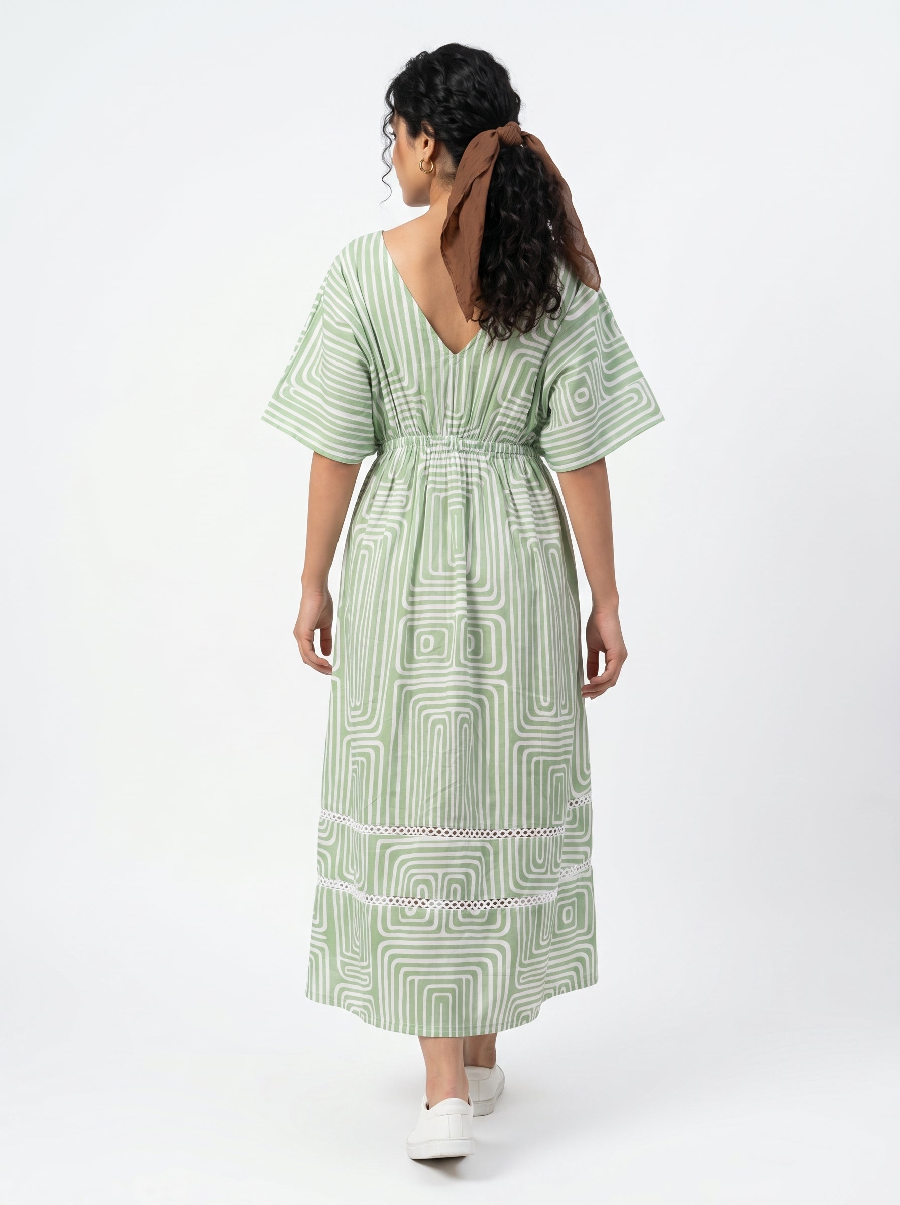 Off White Abstract Print V-Neck Flared Cotton Dress For Women