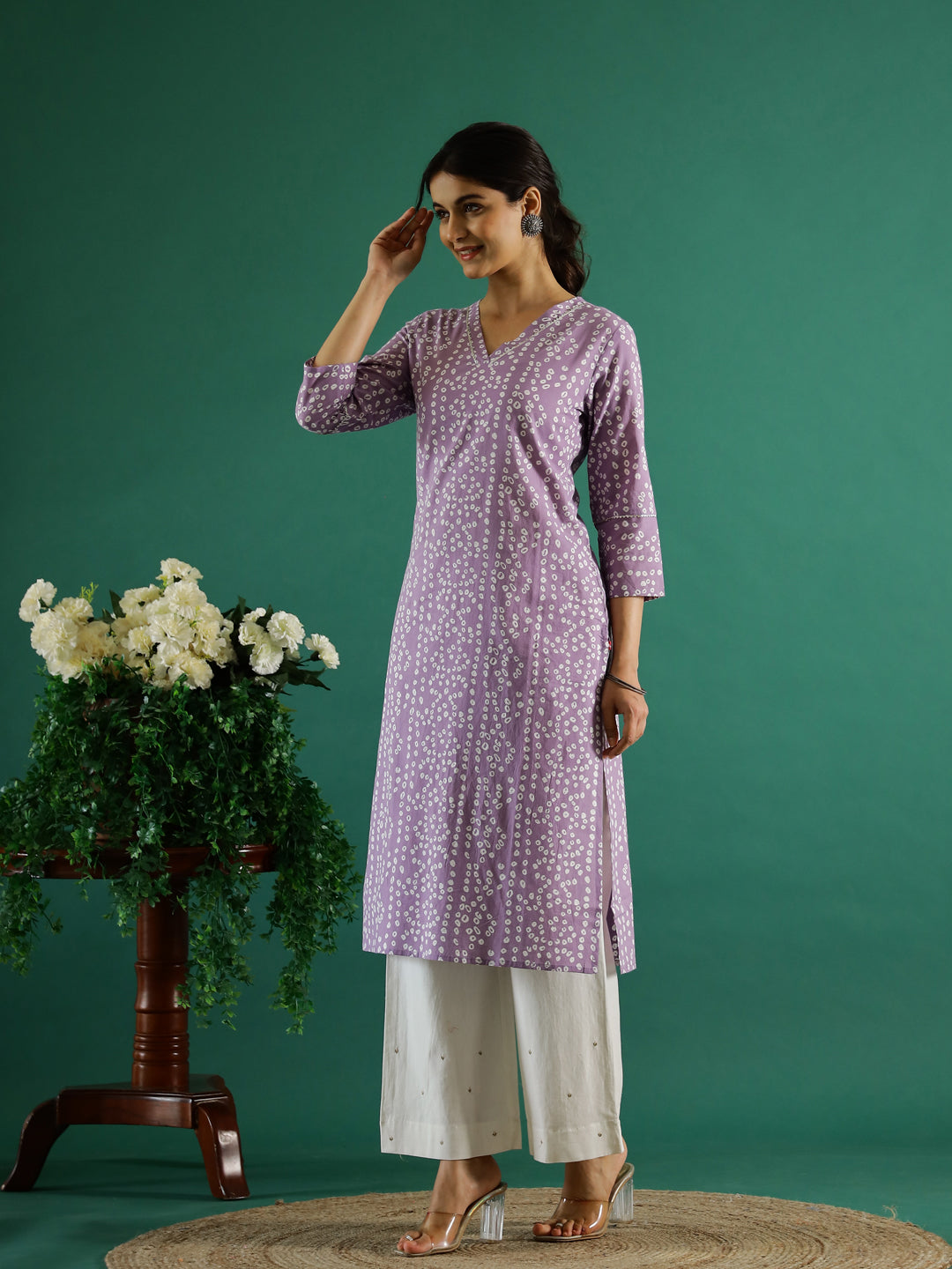 Lavender White Dotted Printed Cotton Kurta