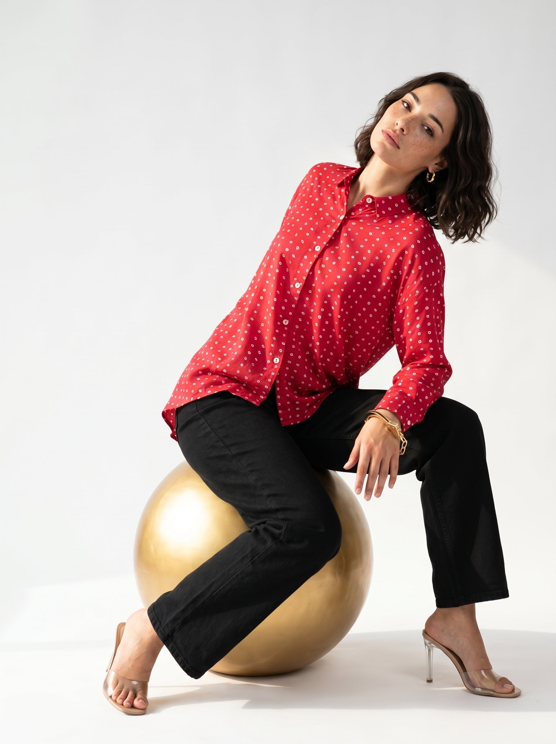Pink Geometric Print Mandarin Collar Shirt For Women