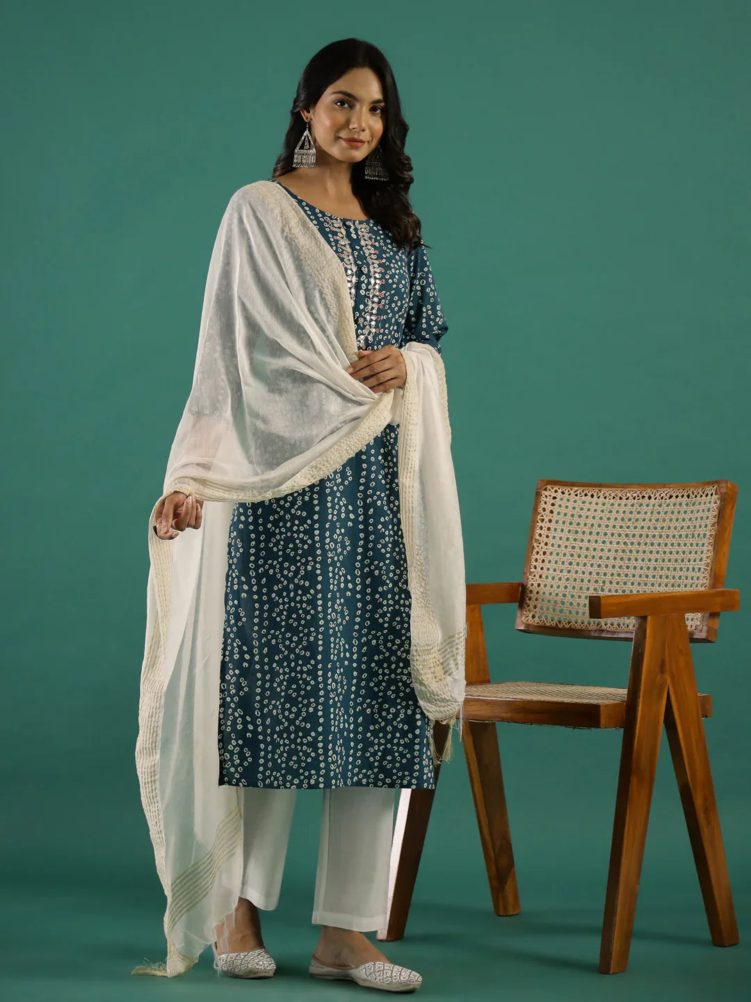 Green Bandhani Print Round Neck Cotton Kurta Set for Women - SanskrutiHomes
