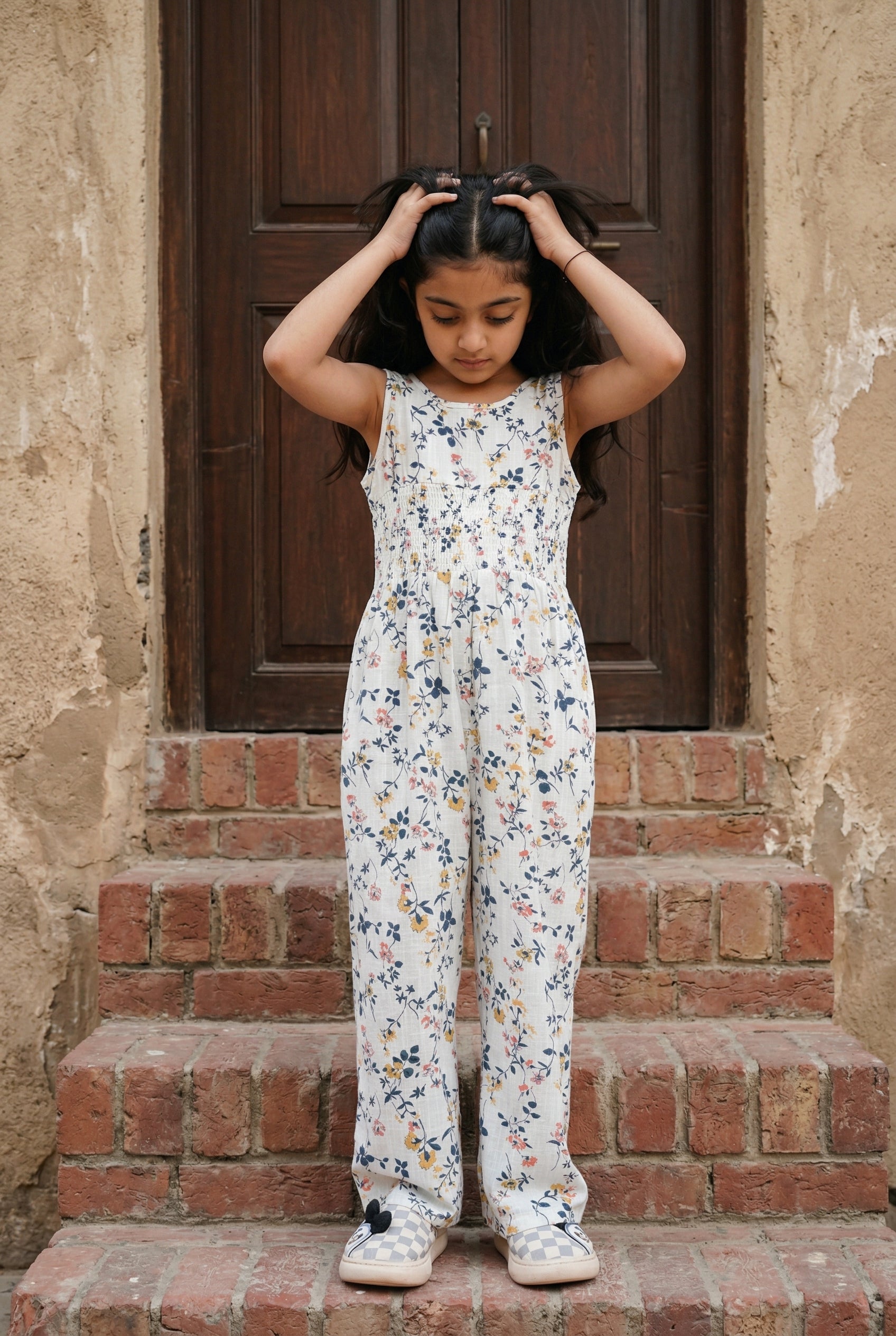 White Round Neck Floral Print Cotton Jumpsuit For Kids