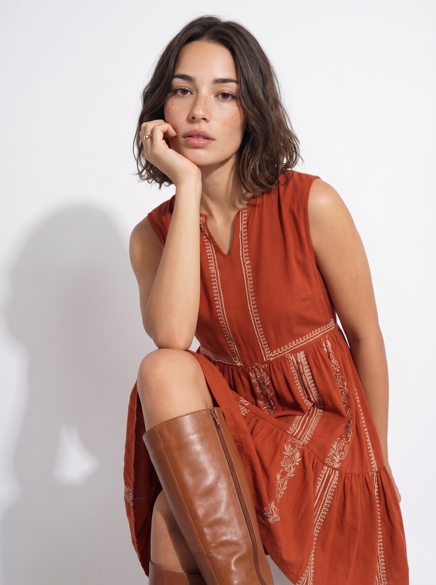 Rust Printed Shoulder Straps Sleeveless Midi Dress For Women