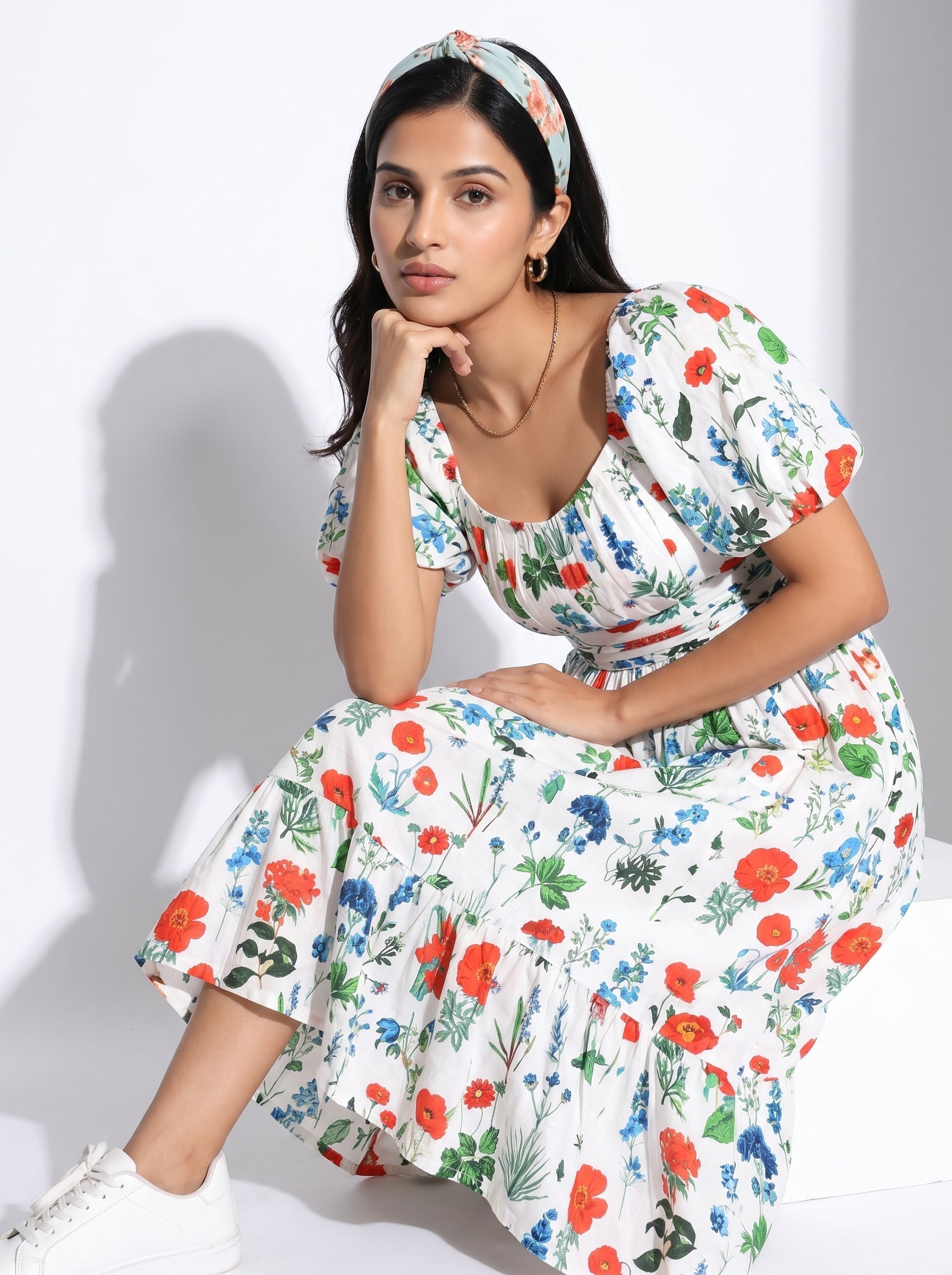 White Round Neck Floral Print Flared Pure Cotton Dress For Women
