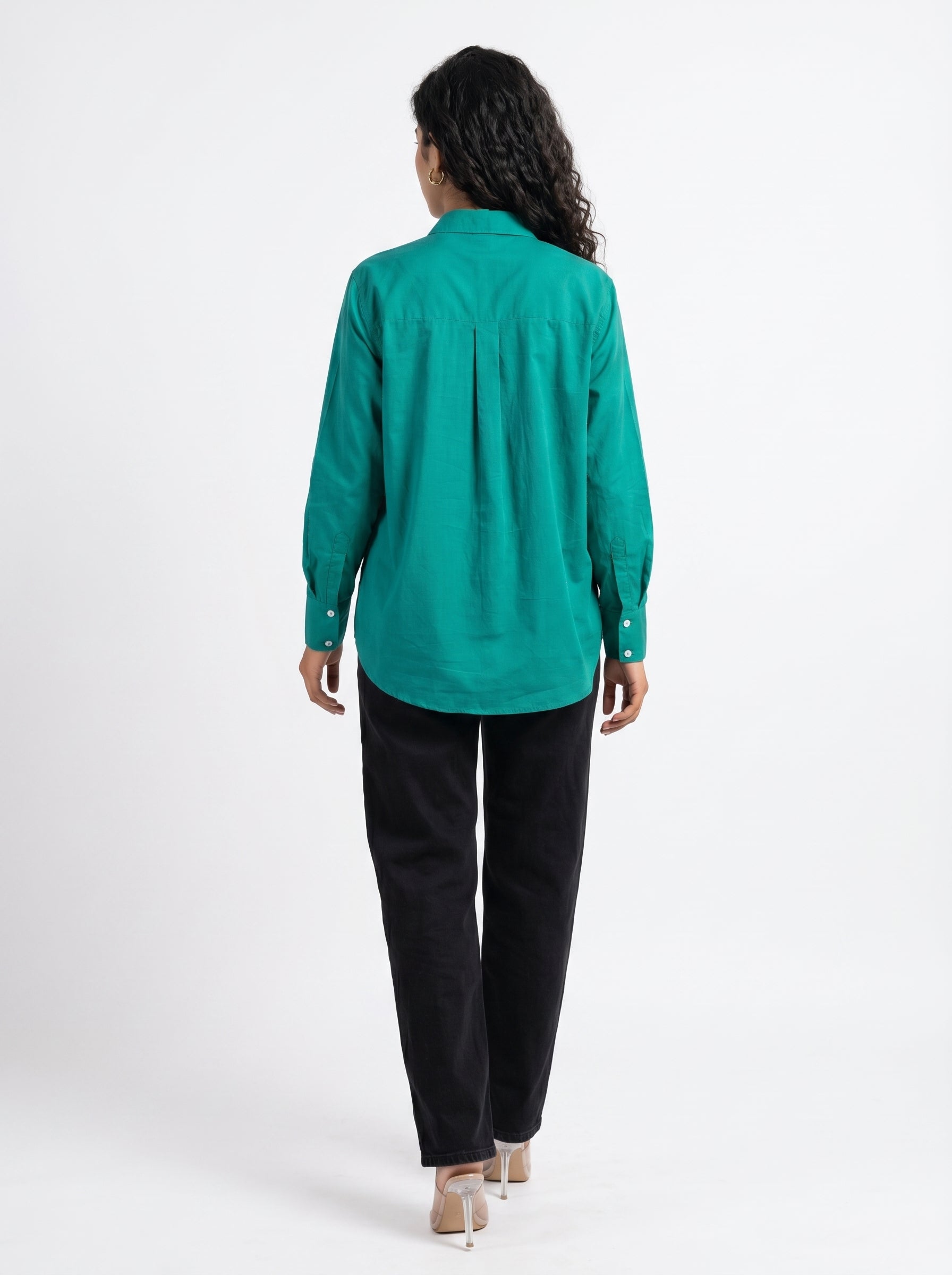 Teal Spread Collar Full Sleeve Solid Cotton Shirt For Women
