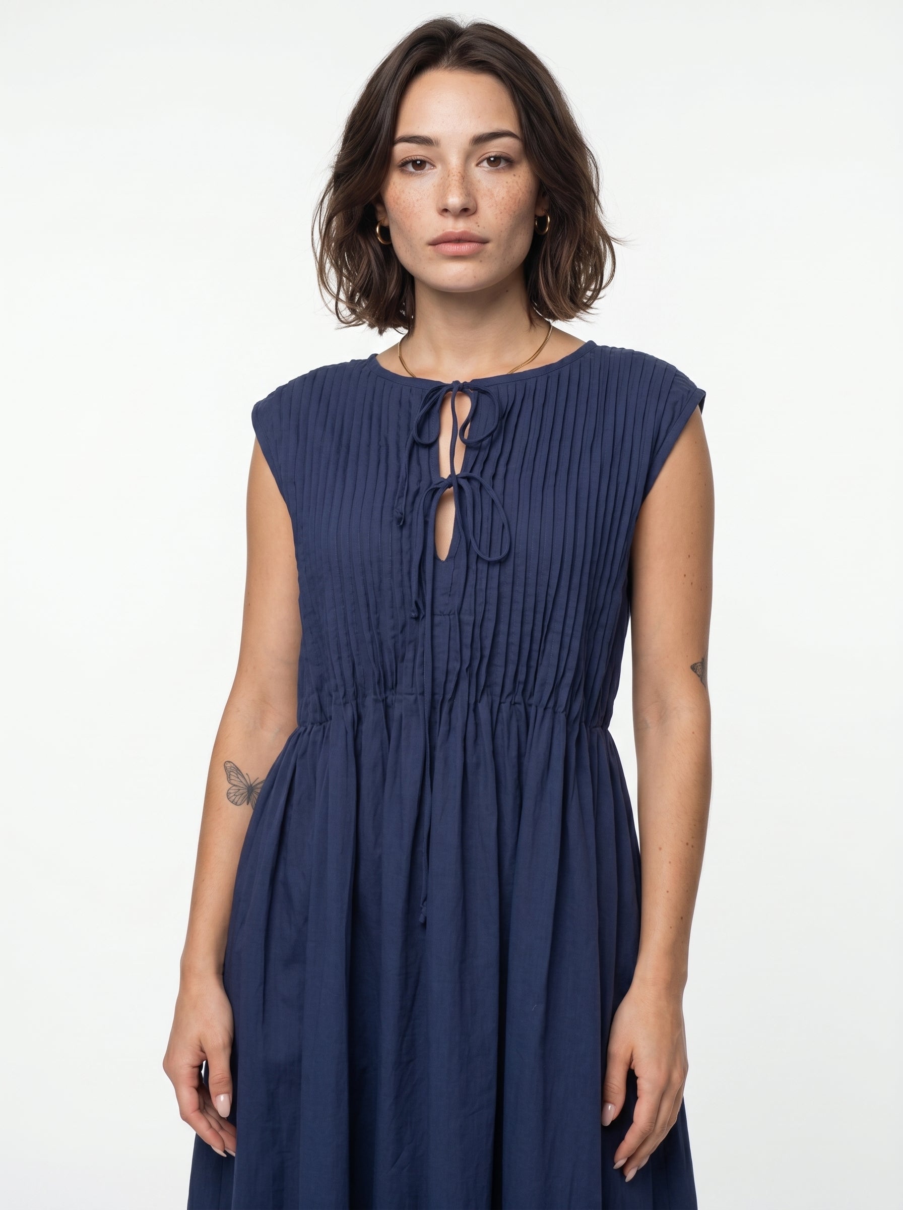 Navy Blue Solid Round Neck Flared Cotton Dress For Women