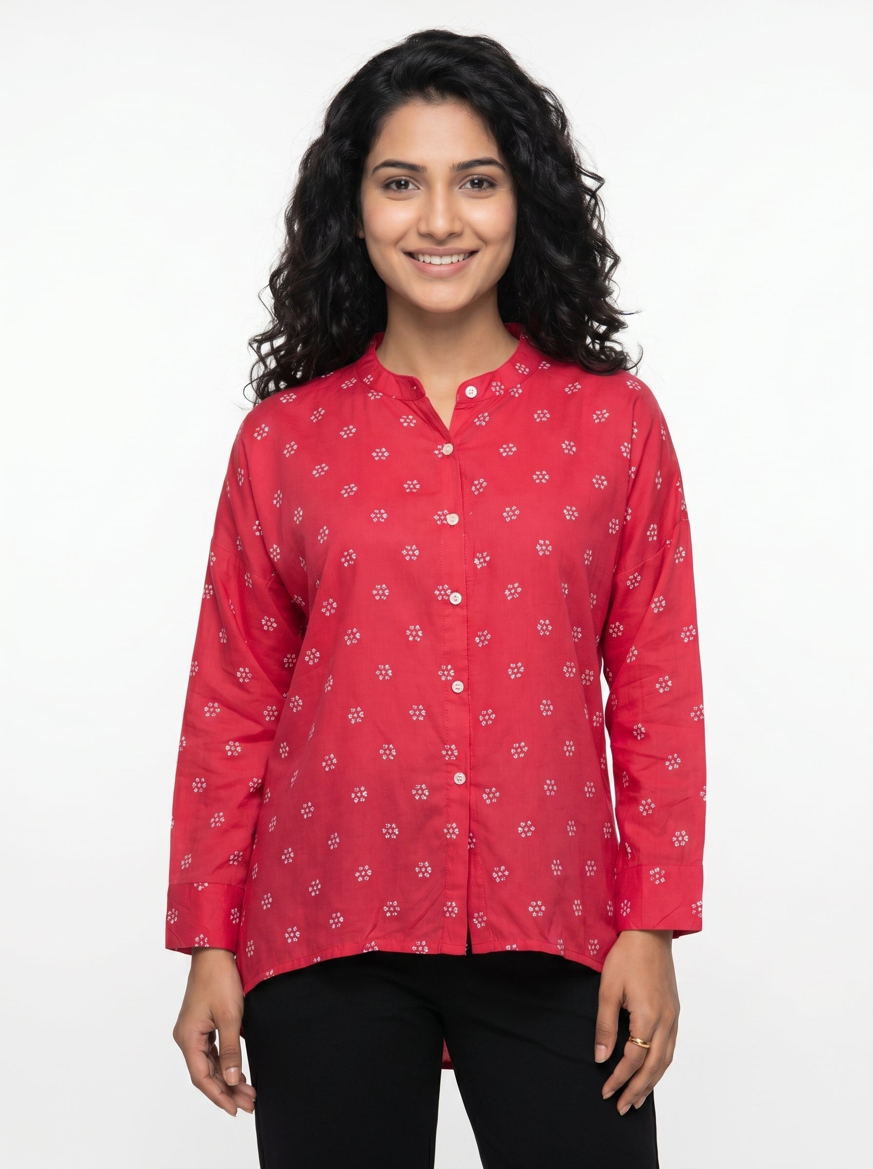 Pink Mandarin Collar Geometric Print Shirt For Women