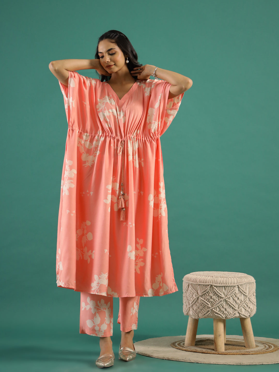 Floral Printed Cotton Kaftan Coord Set Women