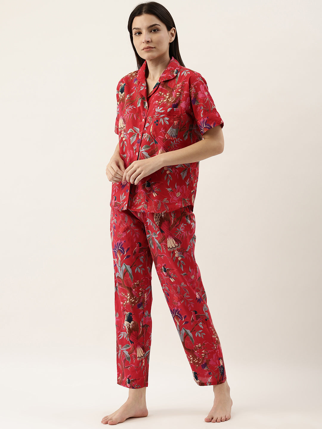 Red Printed Cotton Night Suit Set With Pajama For Women
