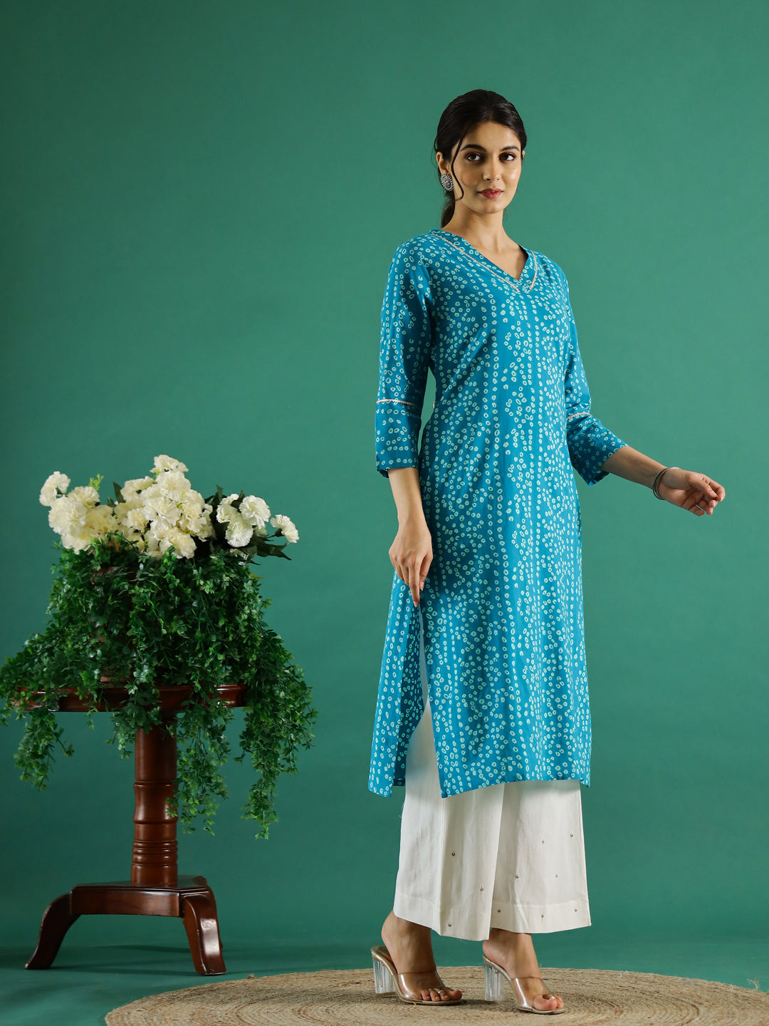 Blue White Dotted Printed Cotton Kurta