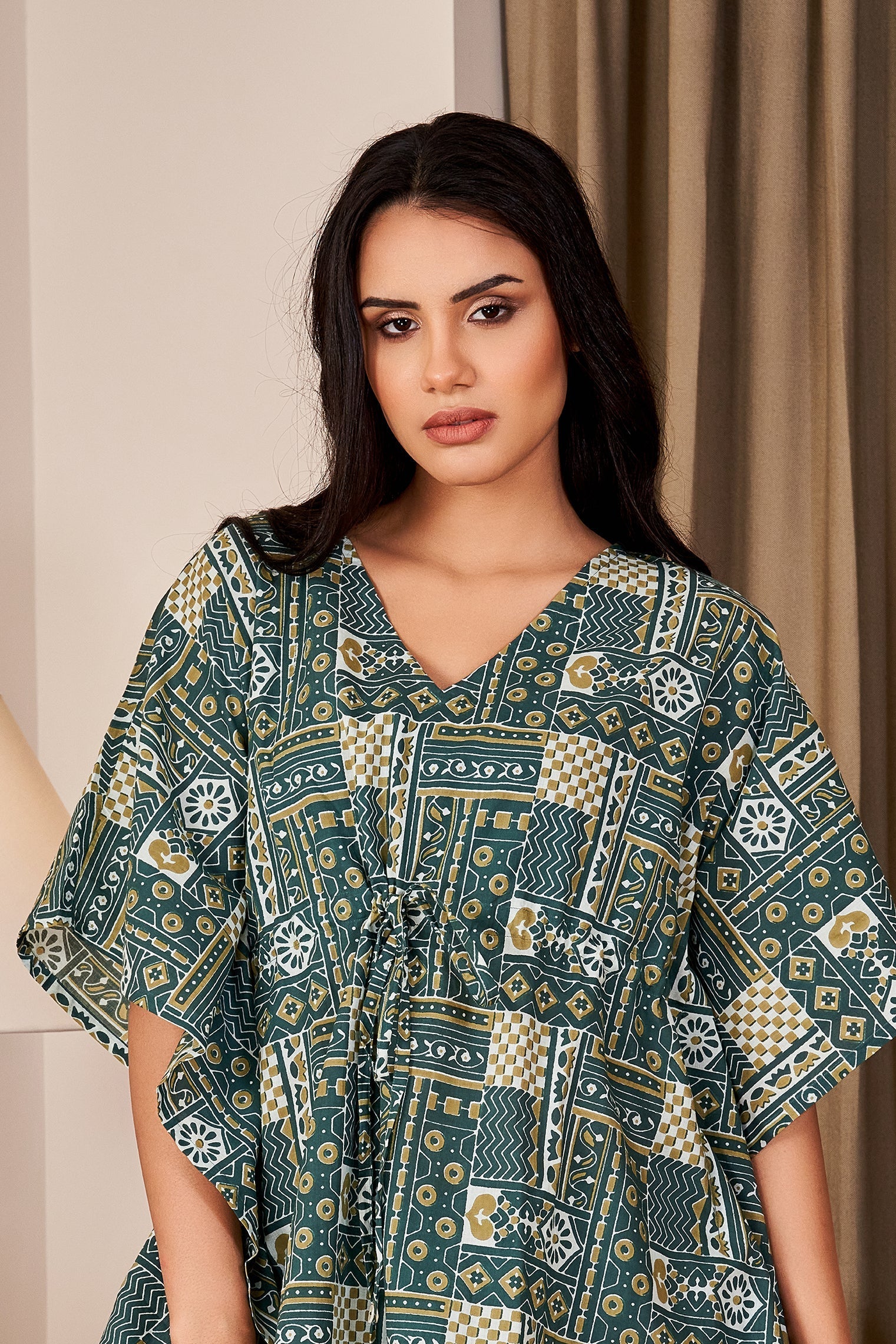 Green Pure Cotton Kaftan Shorts Night Suit