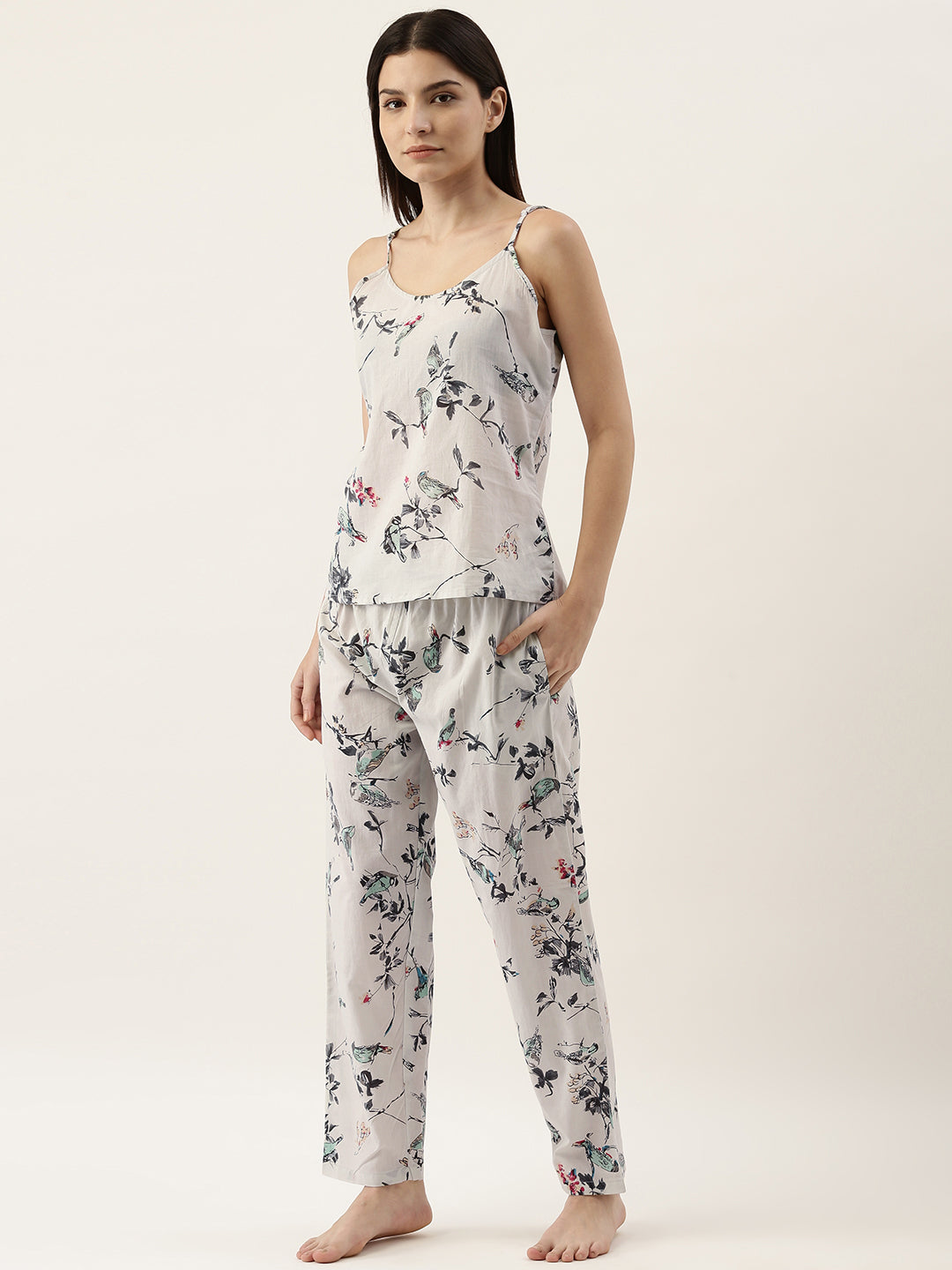 White Cotton Printed 3 Peice Night Suit Set With Payjama