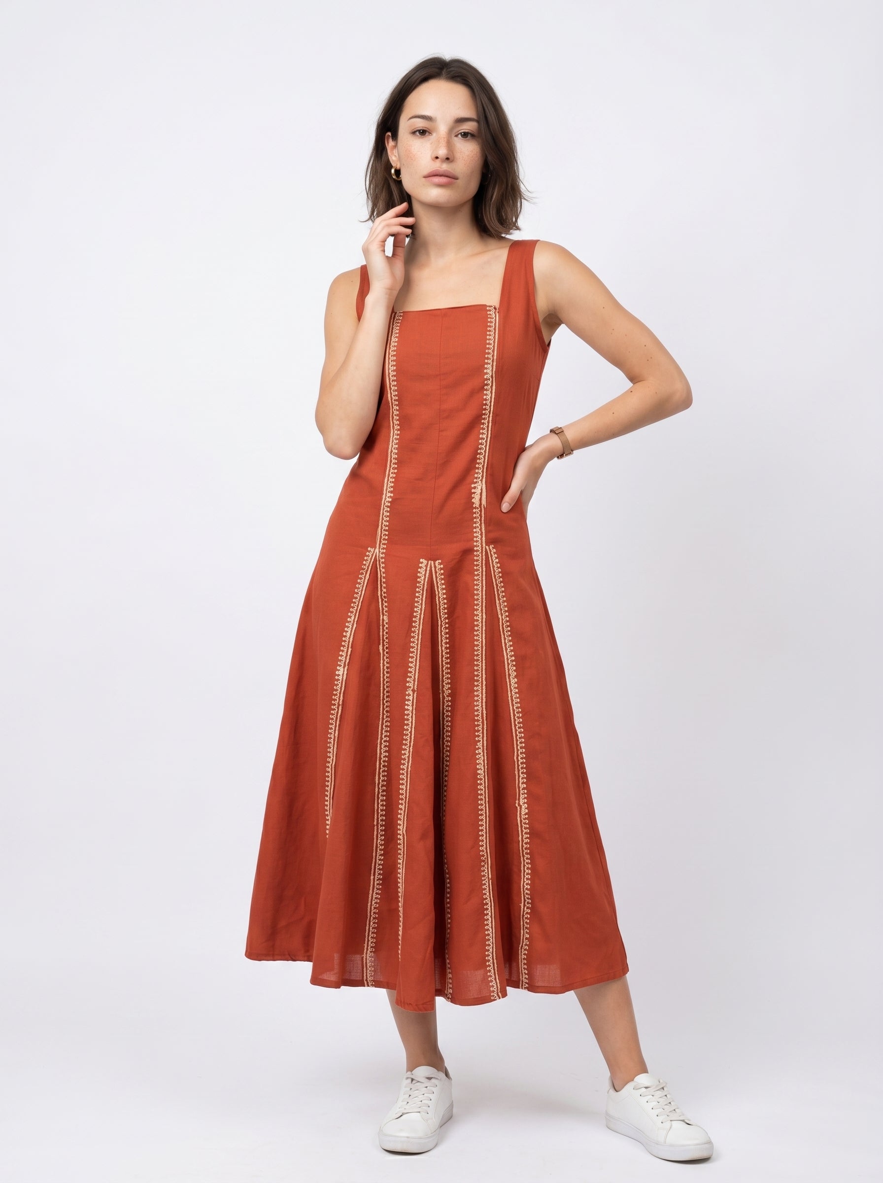 Rust Square Neck Printed Maxi Flared Cotton Dress For Women