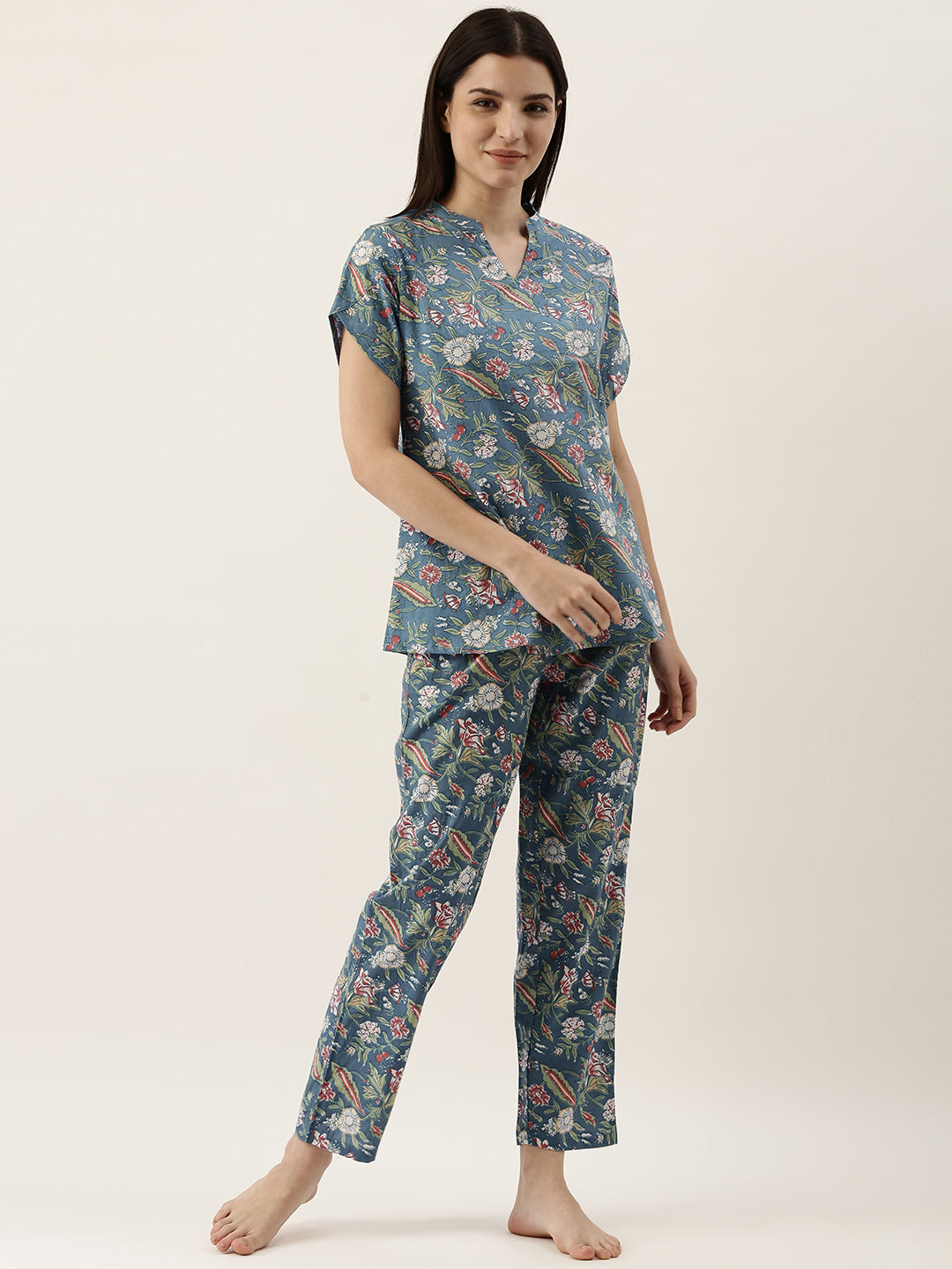 Turquoise Cotton Printed Night Suit Set With Pajama