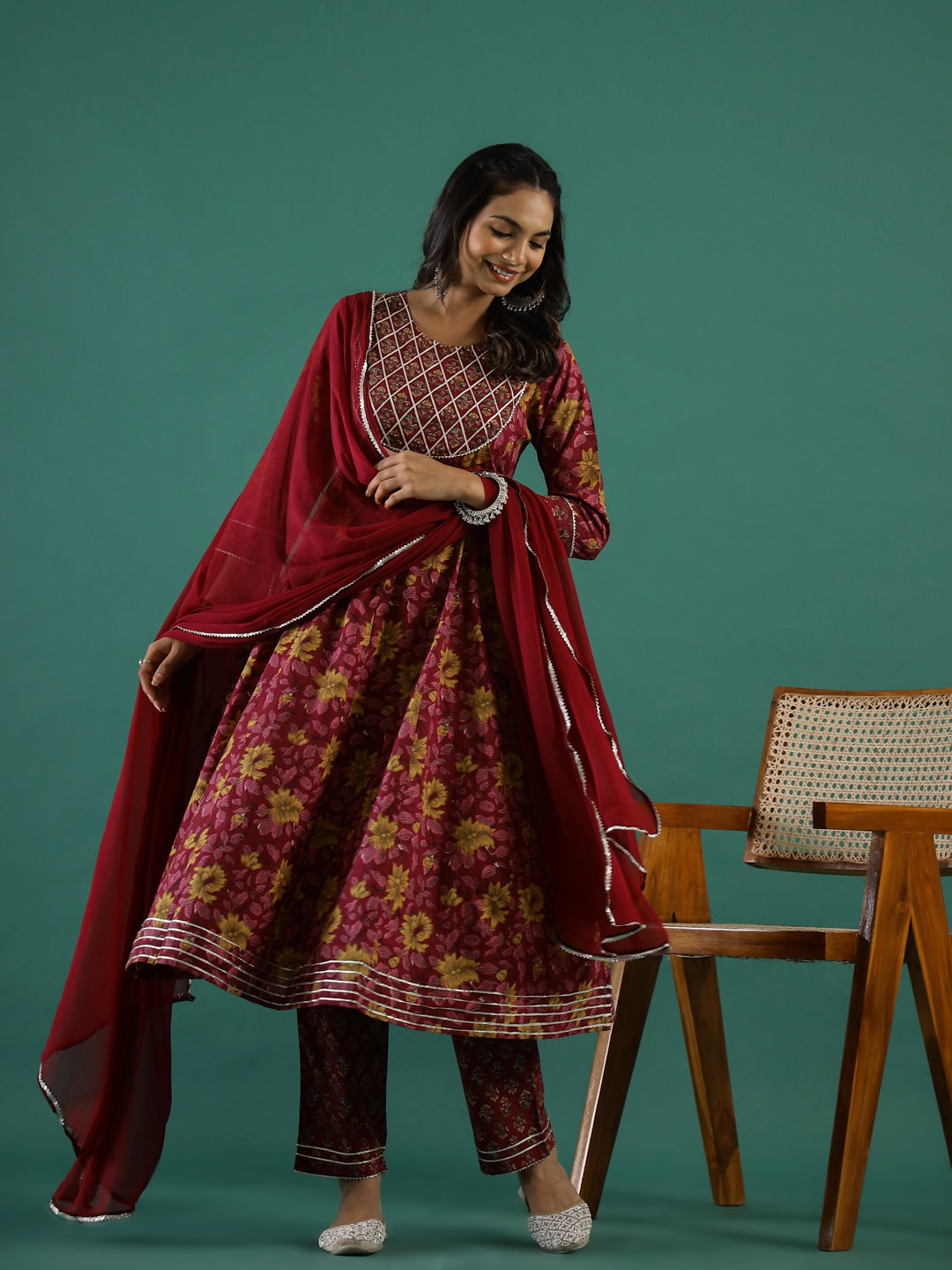 Maroon Pure Cotton Round Neck Printed Kurta Set For Women