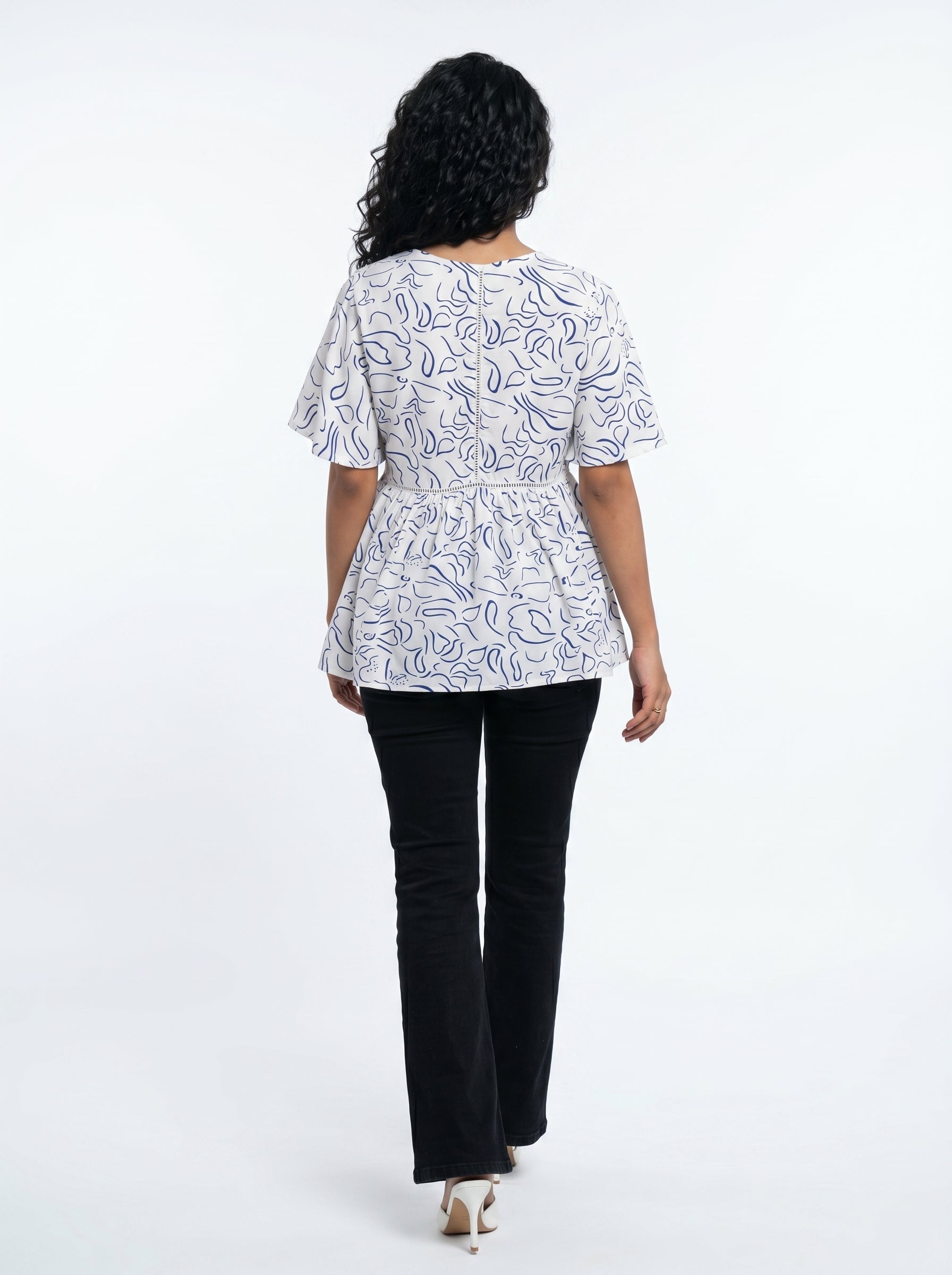White Floral Printed Round Neck Top for Women