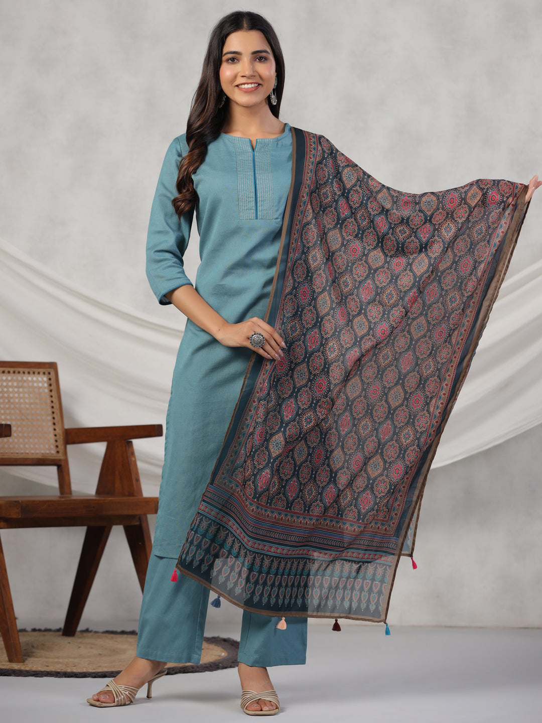 Women Cotton Flex Kurta Set With Chiffon Dupatta