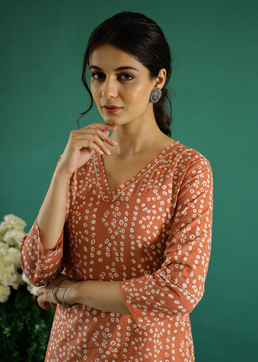Orange White Dotted Printed Cotton Kurta