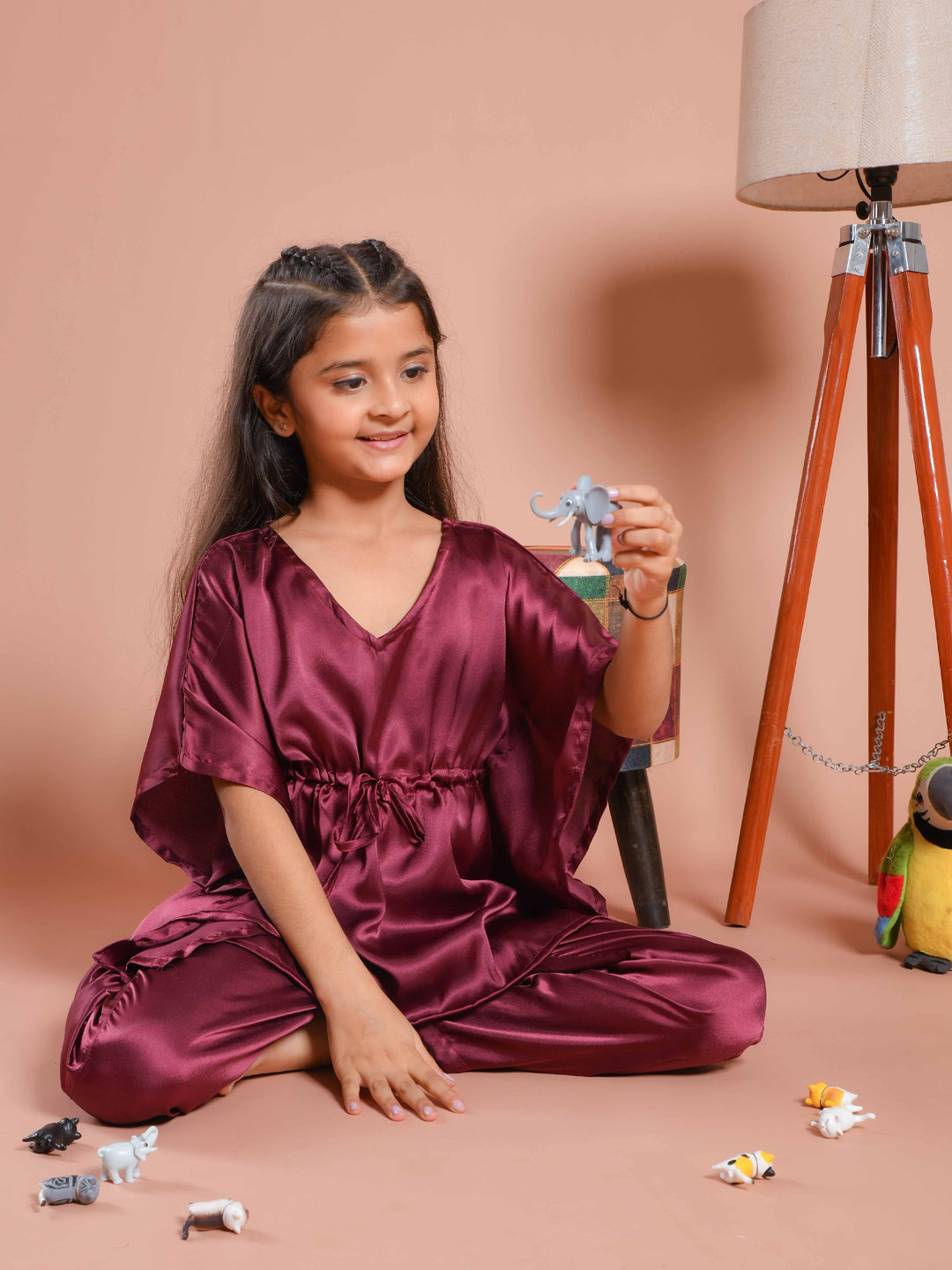 Burgundy Color V-Neck Solid Kids Night Suit