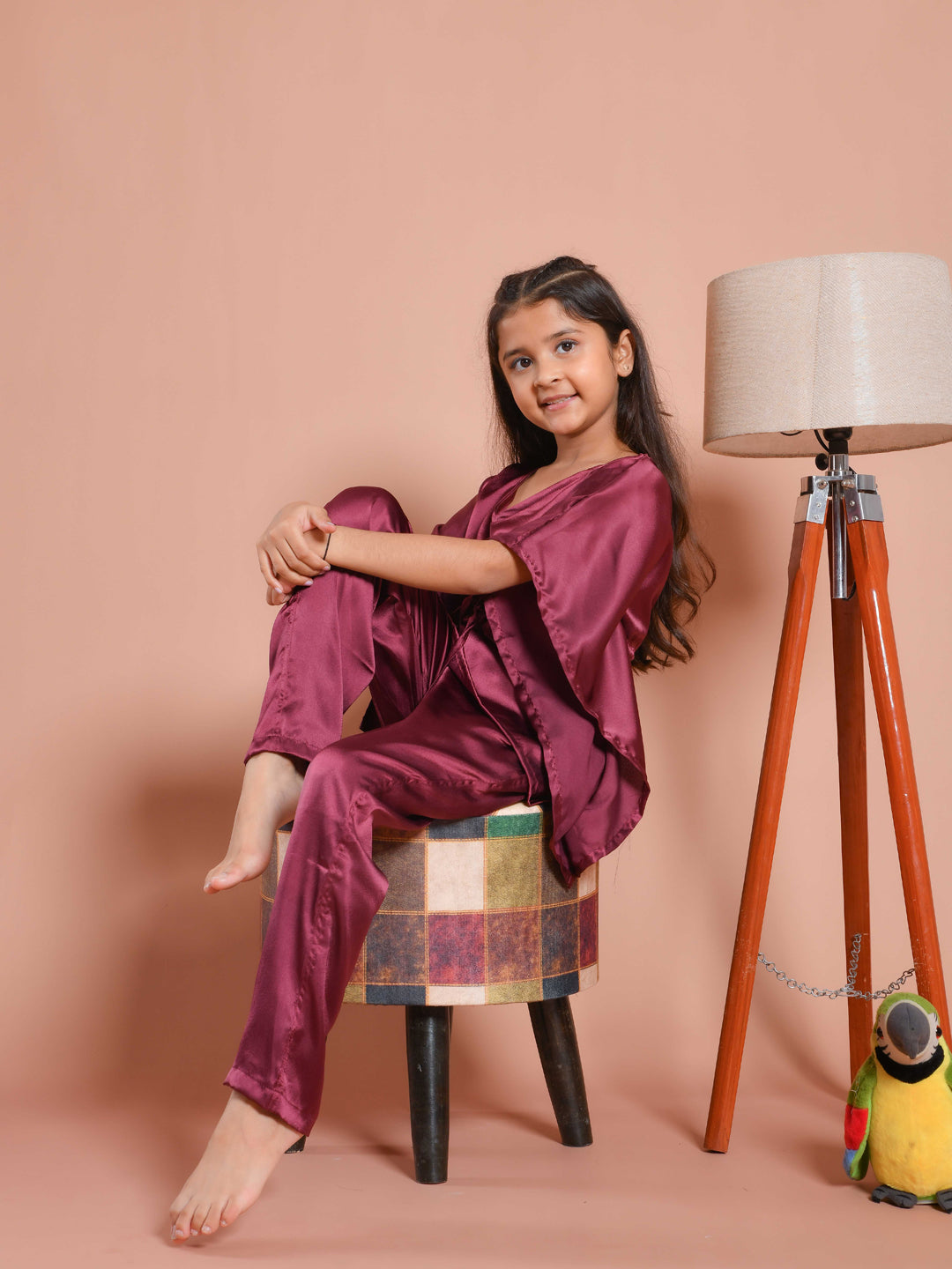 Burgundy Color V-Neck Solid Kids Night Suit