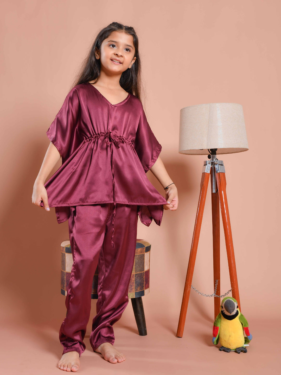 Burgundy Color V-Neck Solid Kids Night Suit