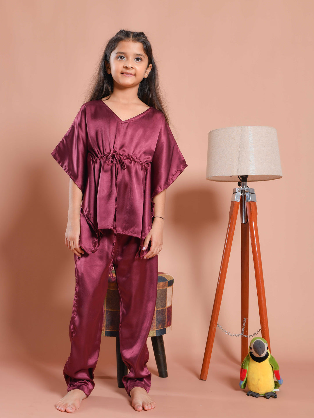 Burgundy Color V-Neck Solid Kids Night Suit