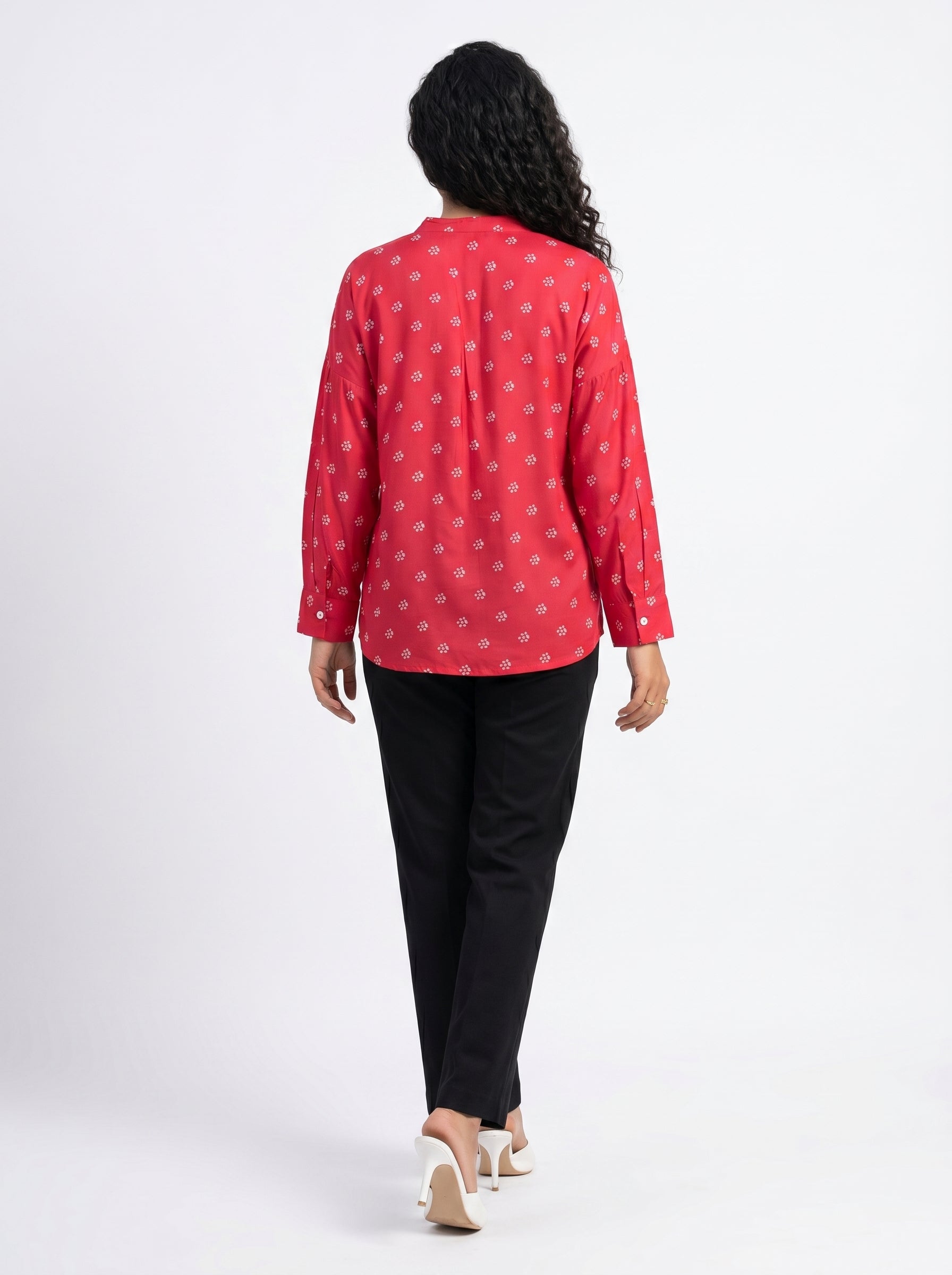 Pink Mandarin Collar Geometric Print Shirt For Women