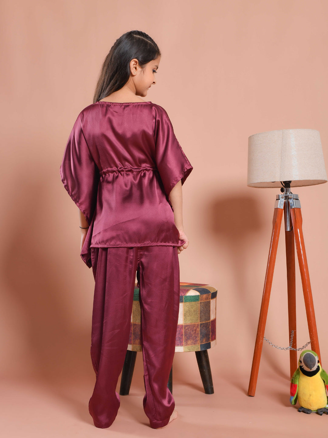 Burgundy Color V-Neck Solid Kids Night Suit