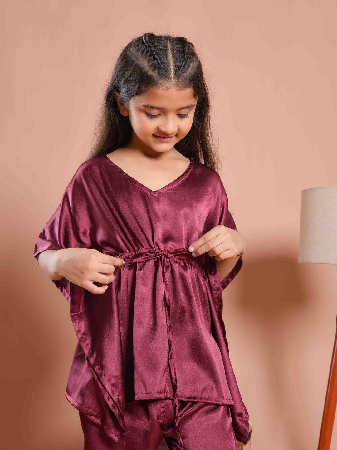 Burgundy Color V-Neck Solid Kids Night Suit
