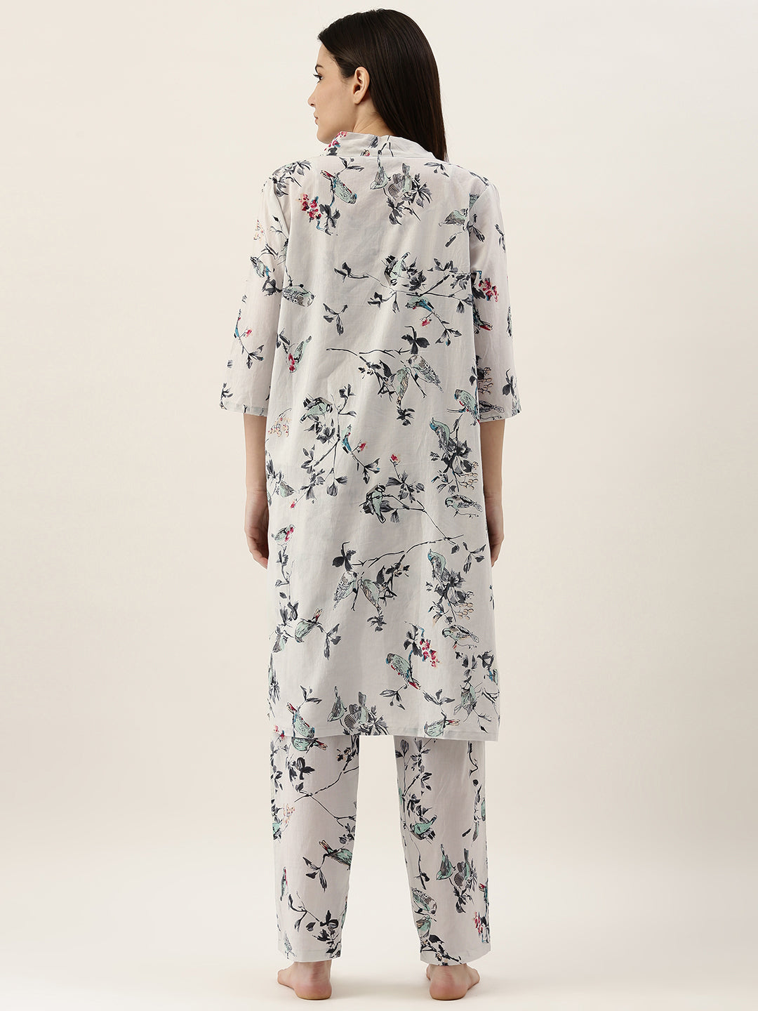 White Cotton Printed 3 Peice Night Suit Set With Payjama