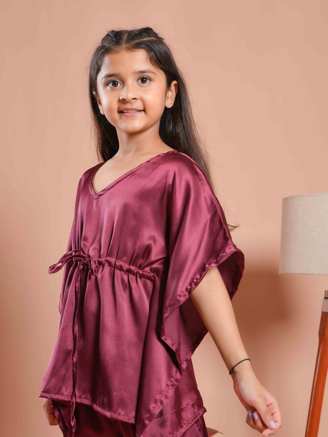 Burgundy Color V-Neck Solid Kids Night Suit