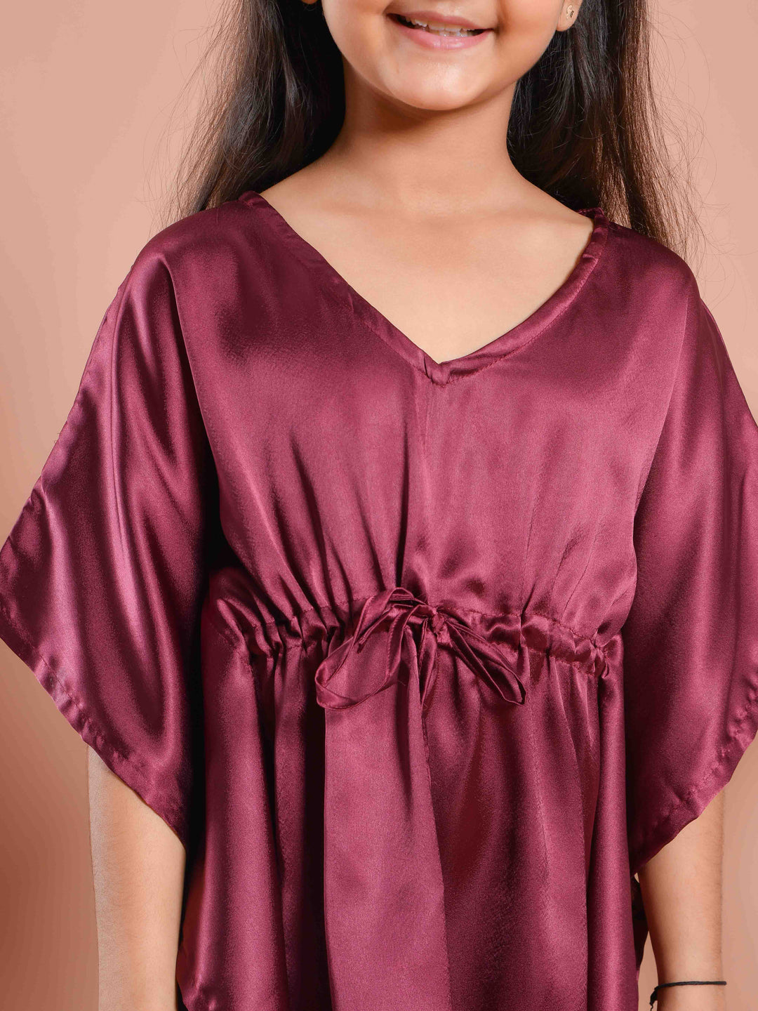 Burgundy Color V-Neck Solid Kids Night Suit