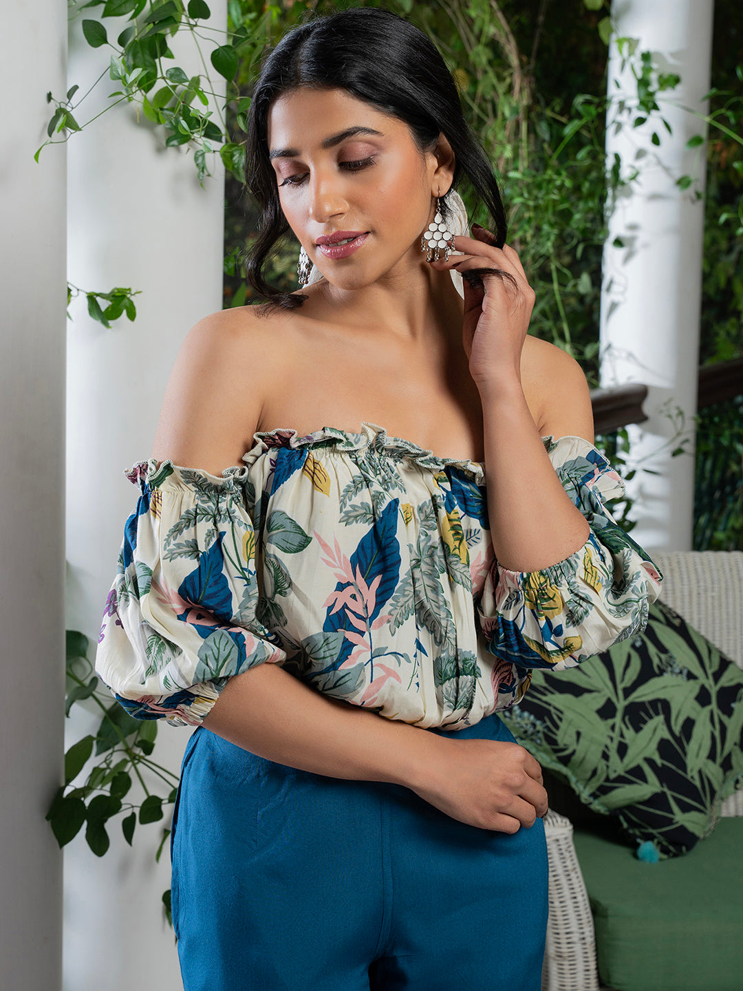 Women Floral Printed Off Shoulder Cotton Co-Ords Set