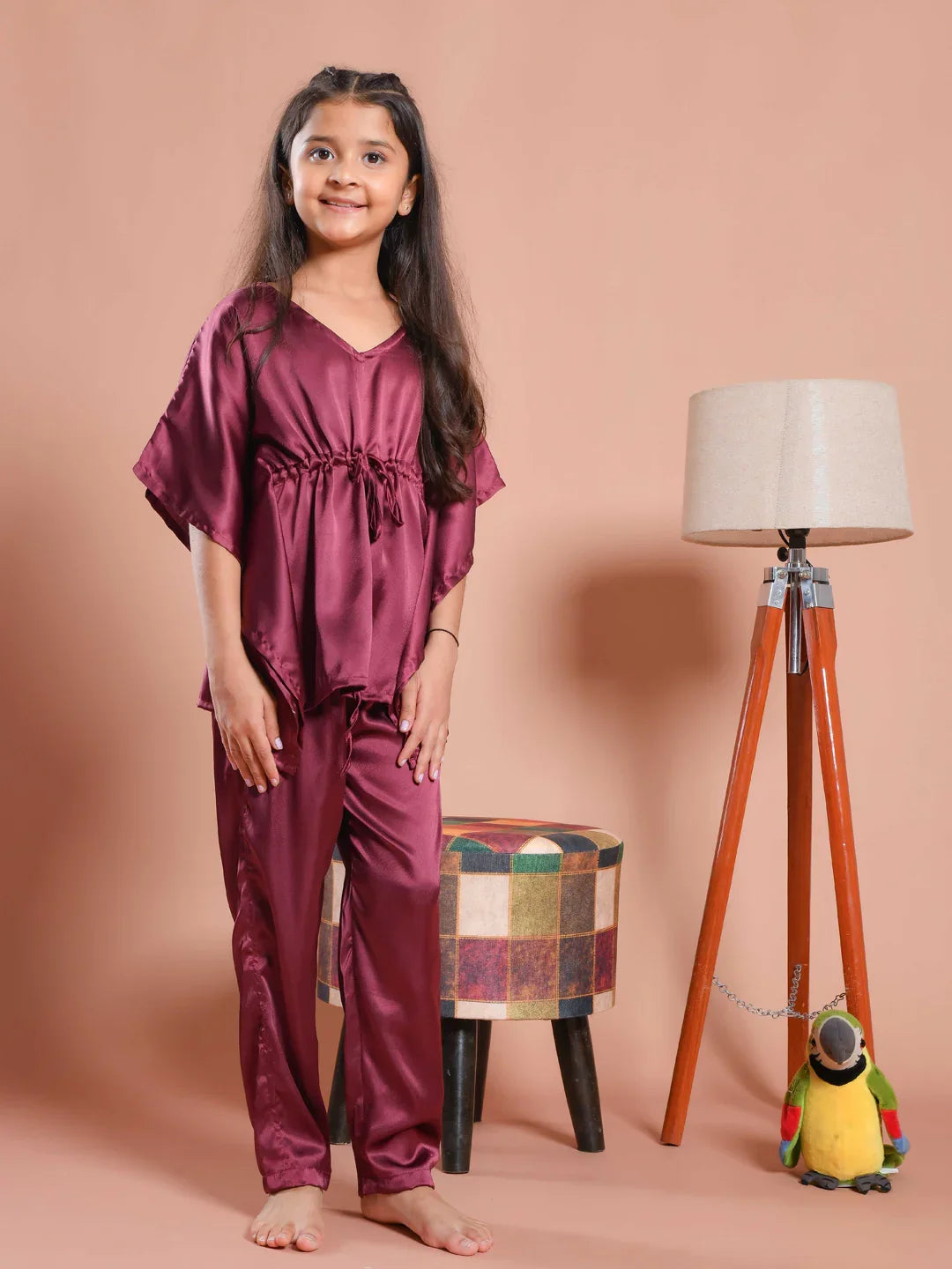 Burgundy Color V-Neck Solid Kids Night Suit - SanskrutiHomes