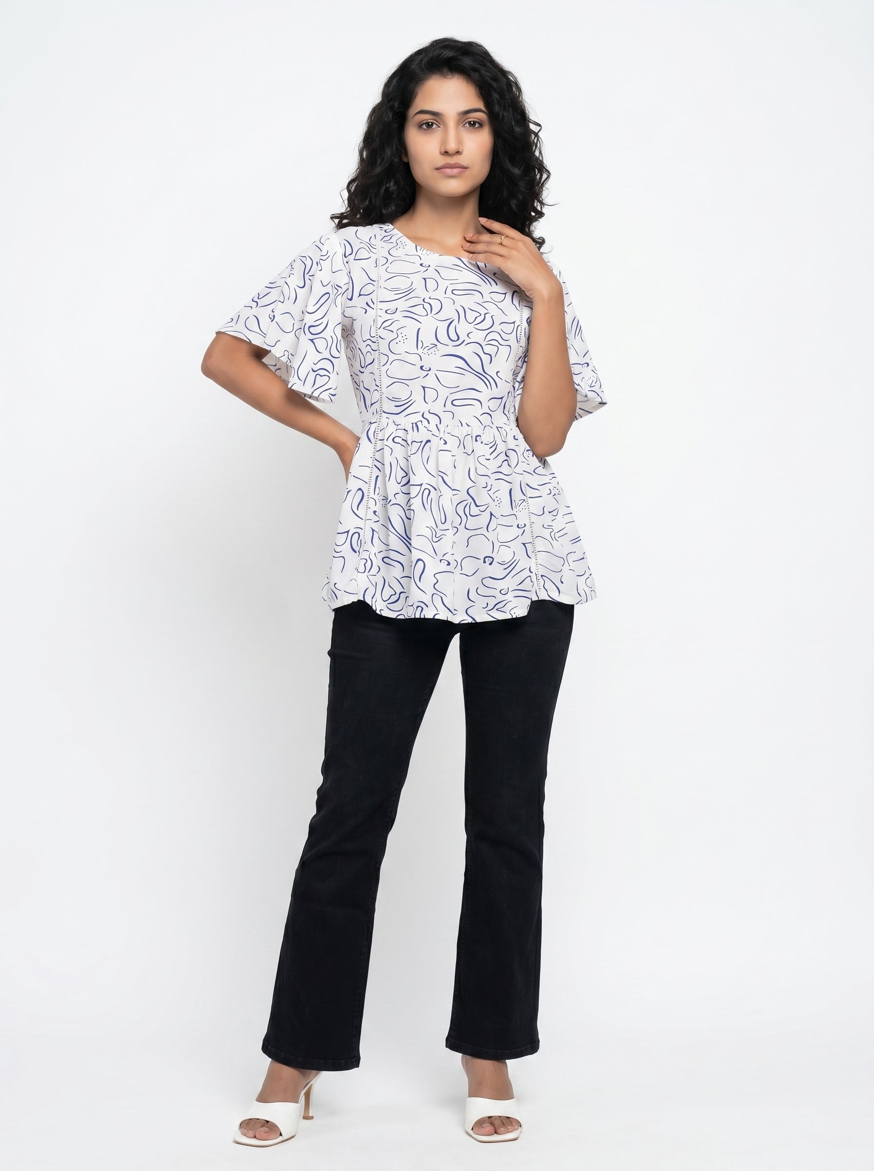White Floral Printed Round Neck Top for Women