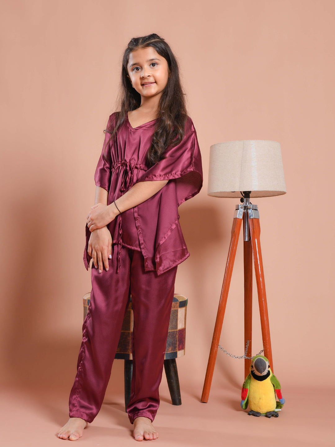Burgundy Color V-Neck Solid Kids Night Suit