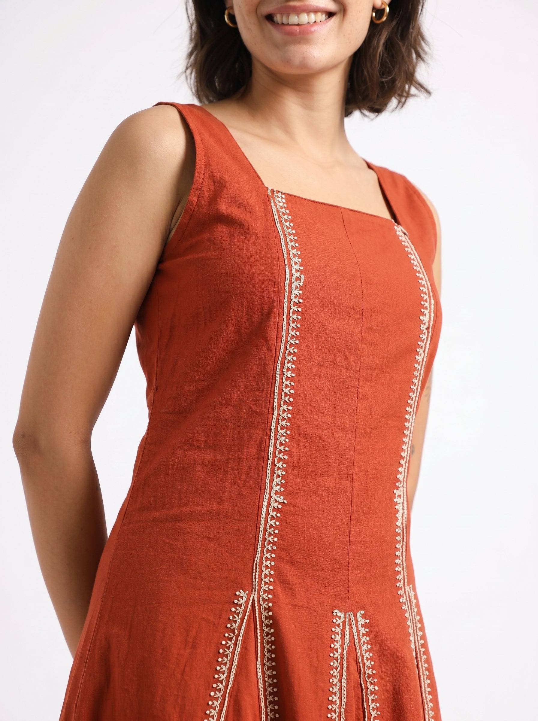 Rust Square Neck Printed Maxi Flared Cotton Dress For Women